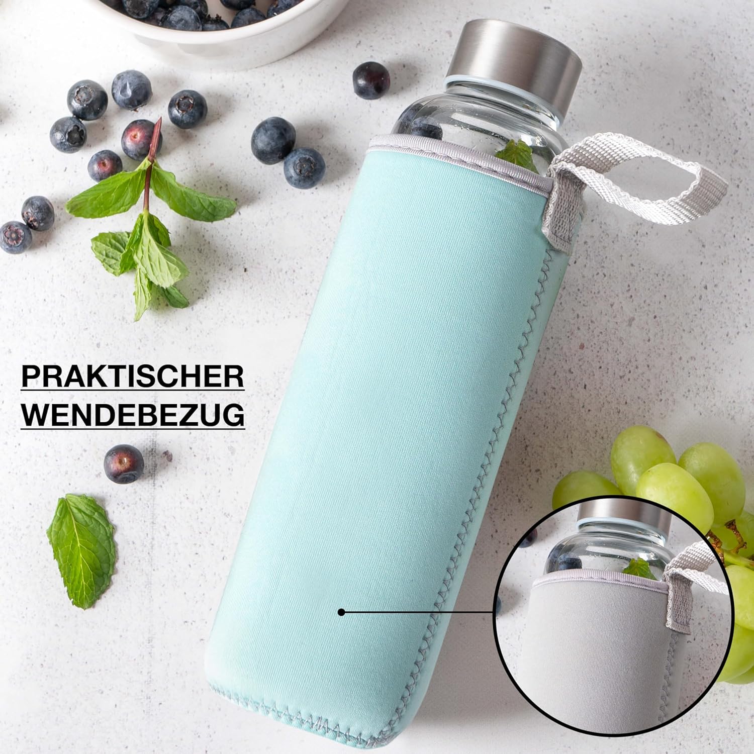 Thumbnail 3 de Moritz & Moritz Trinkflasche Glas 500ml – aus Borosilikatglas, auslaufsicher & mit Neoprenhülle