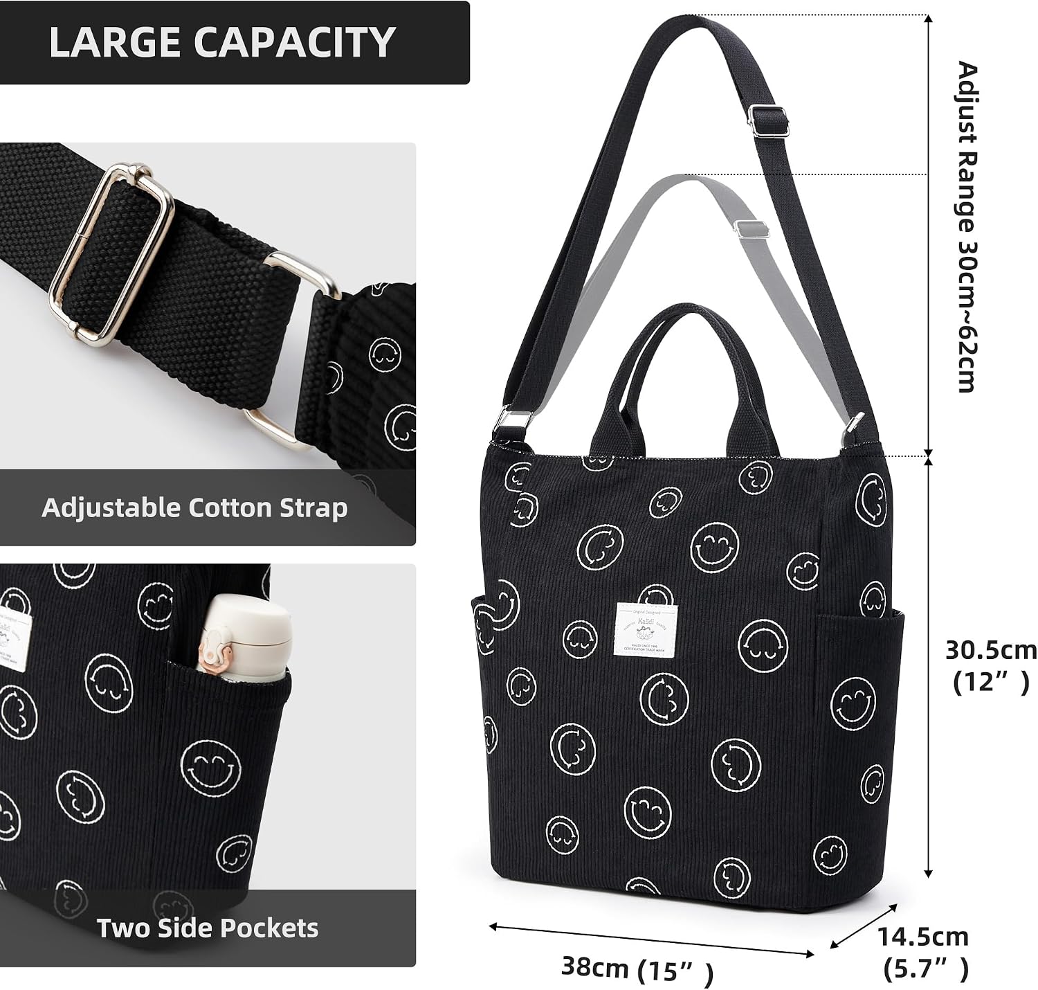 Thumbnail 4 de KALIDI Damen Canvas Shopper Schul-/Umhängetasche aus Cordoptik – mit Reißverschluss, verstellbarem Schultergurt