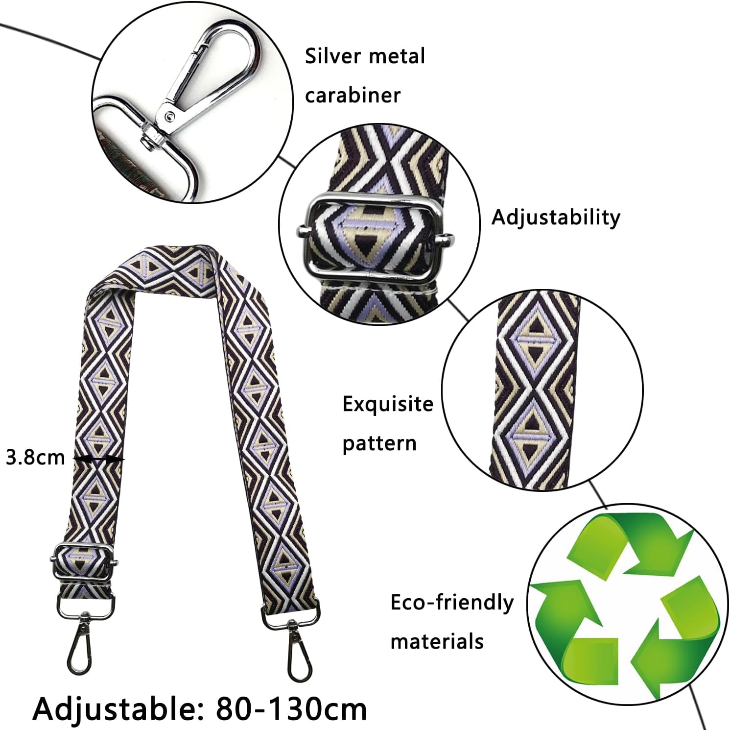 Thumbnail 2 de Shoulder Strap for Bags: Adjustable 3.8 cm Wide with Silver Buckle (Beige/Dark Purple) – M21
