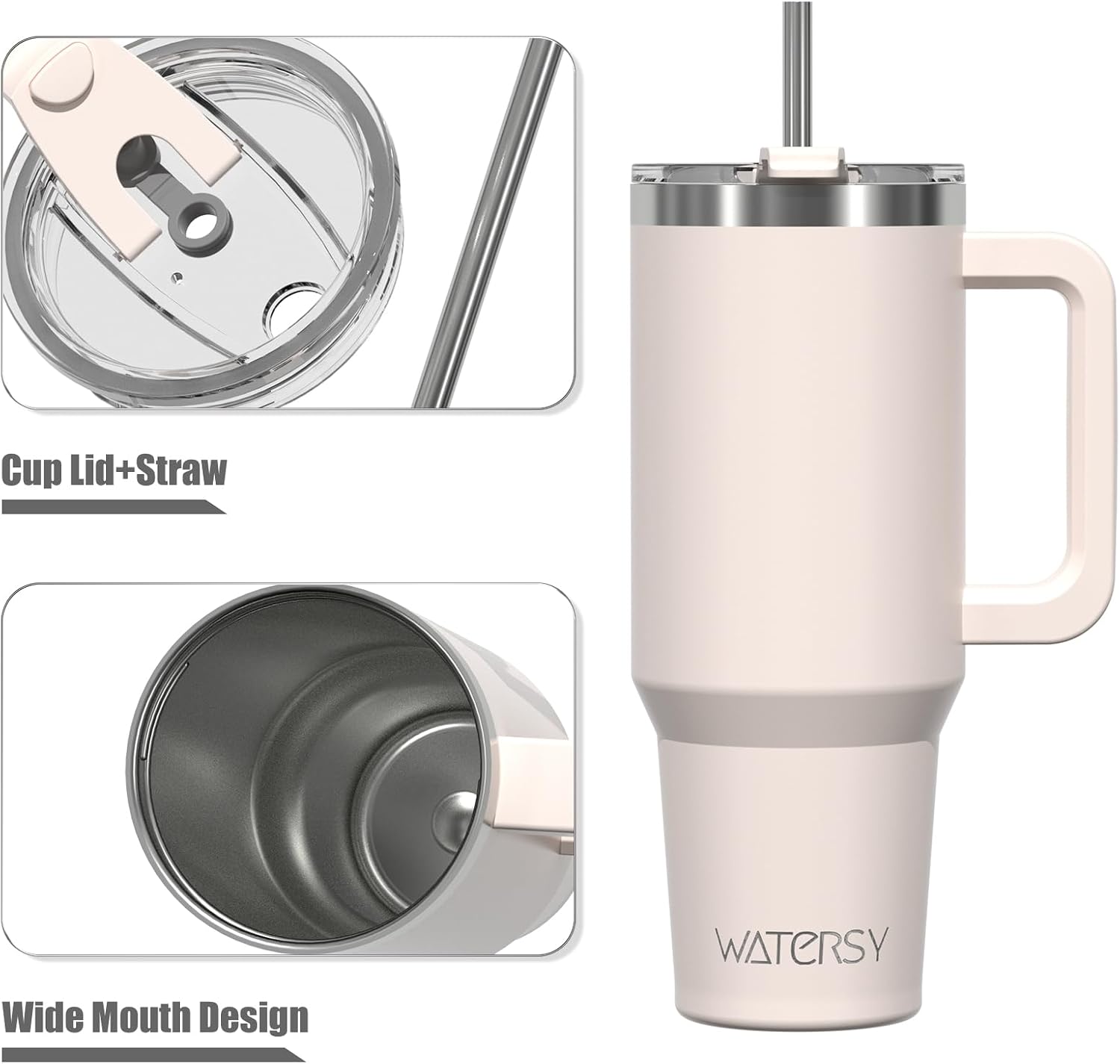 Detalle de WATERSY 40oz Isolierter To-Go-Thermobecher aus Edelstahl – Doppelwandig, auslaufsicher, mit Griff und Strohhalm (Hellbeige)