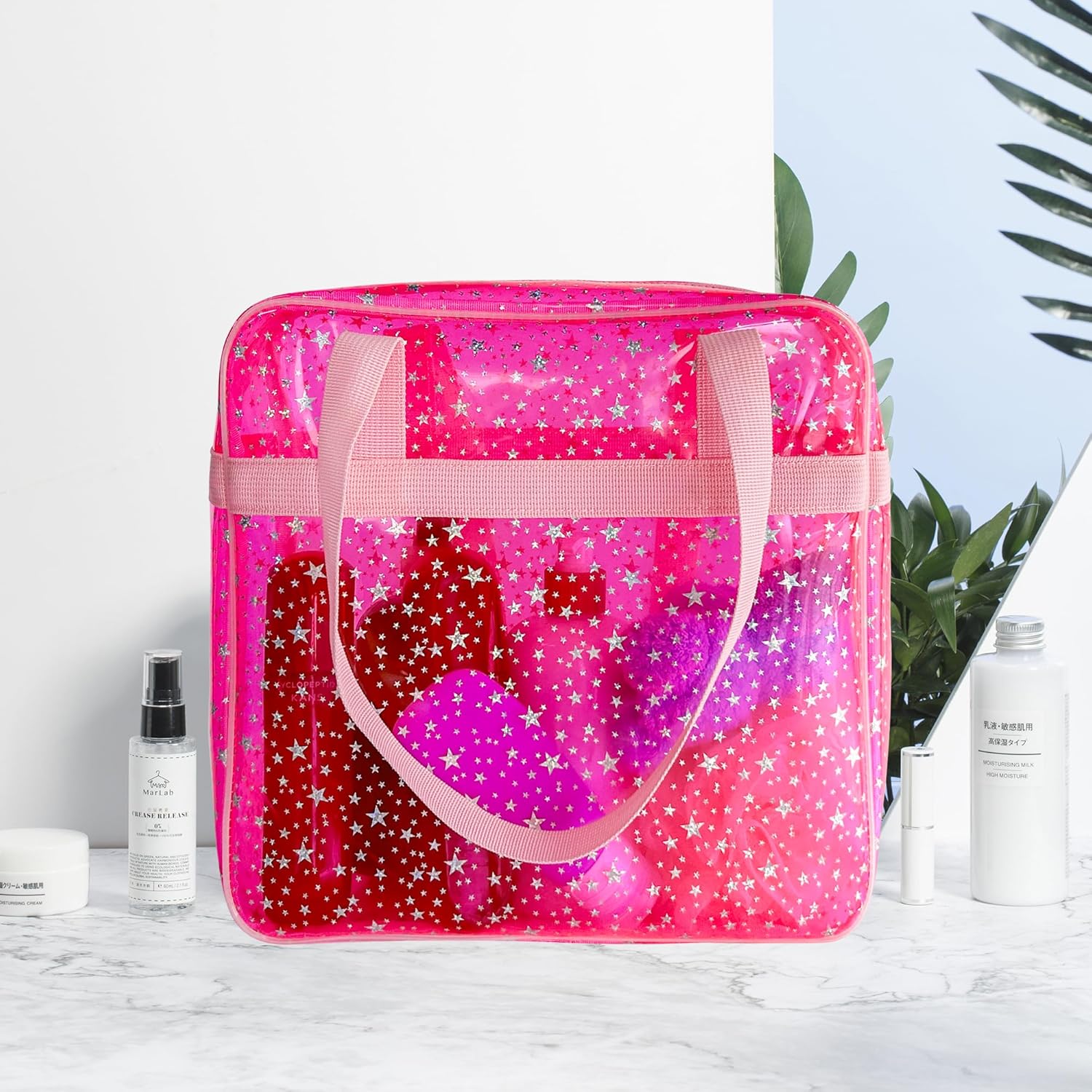 Detalle de TotePrint Wasserdichte Sternen-PVC Strandtasche 30×30×10cm – Transparente Leichte Tragetasche mit Griff