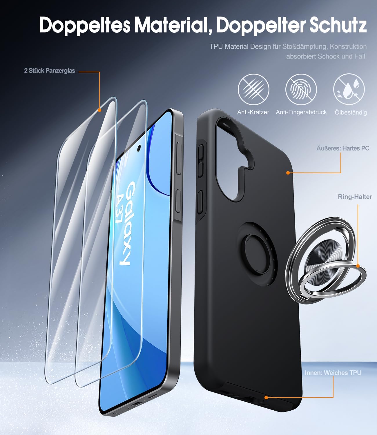 Detalle de AOUIA Hülle für Samsung Galaxy A37 5G mit 2 Panzergläsern, 3-in-1 Set und 360° Ring-Kickstand (schwarz)