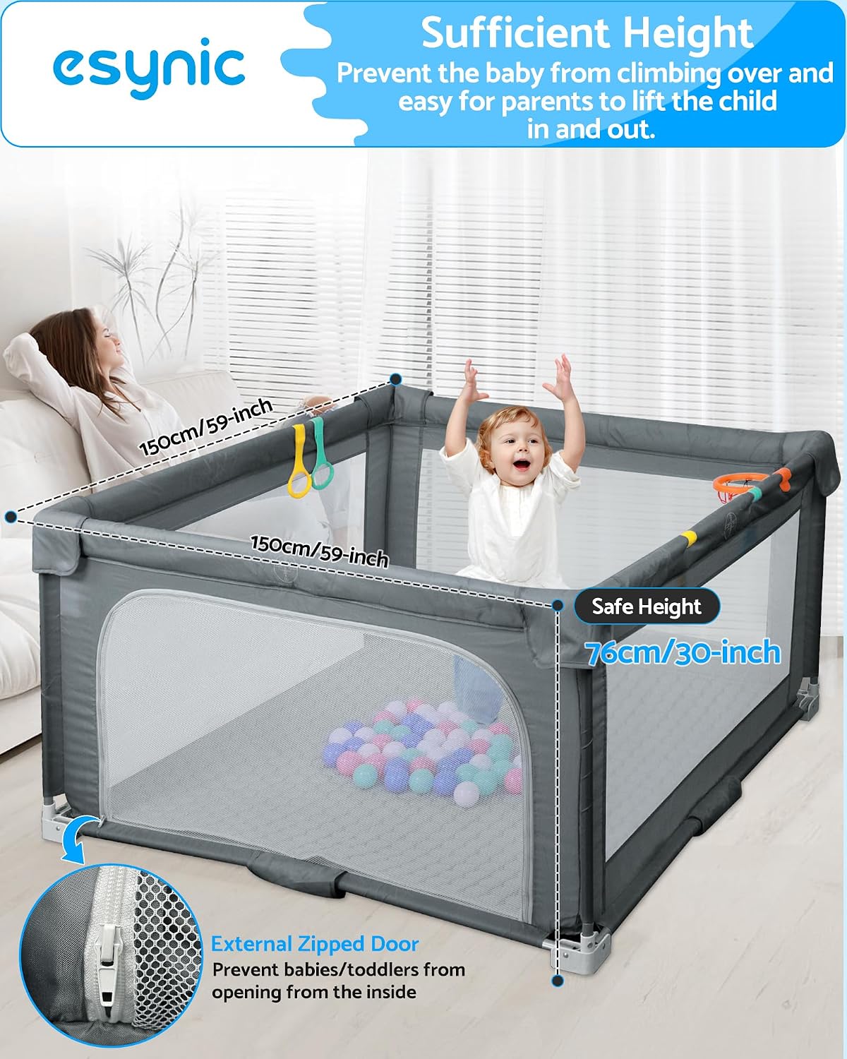Detalle de eSynic Large Foldable Baby Playpen (150 x 150cm) with Soft Mat, 50 Balls & Basketball Hoop