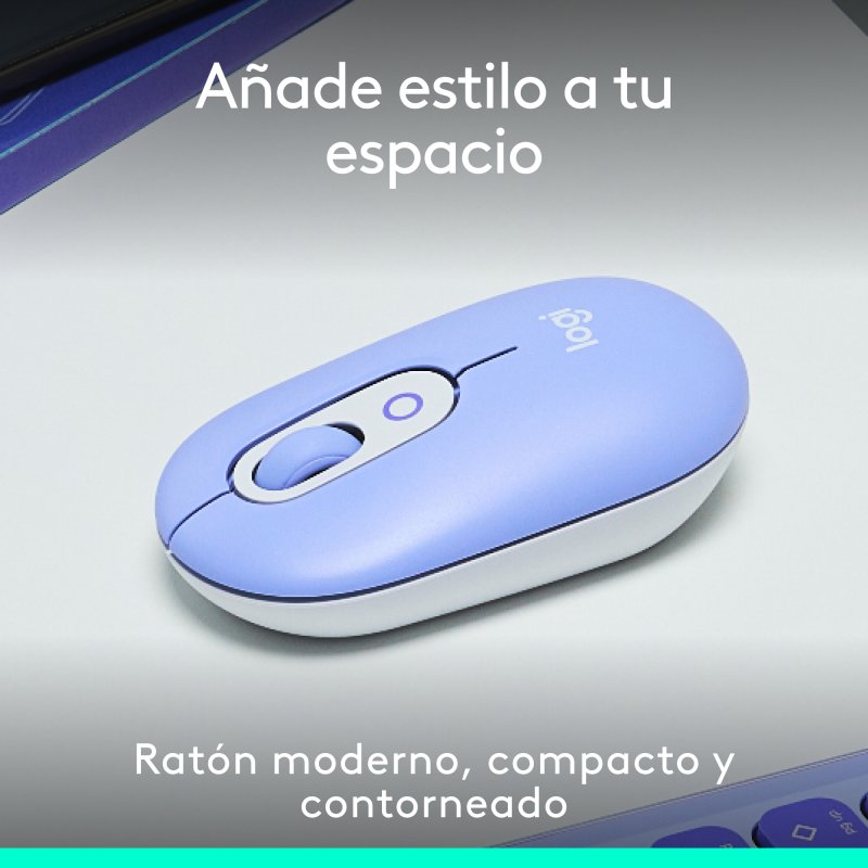Detalle de Logitech POP Mouse Inalámbrico Compacto (Lilá) con Emojis Personalizables
