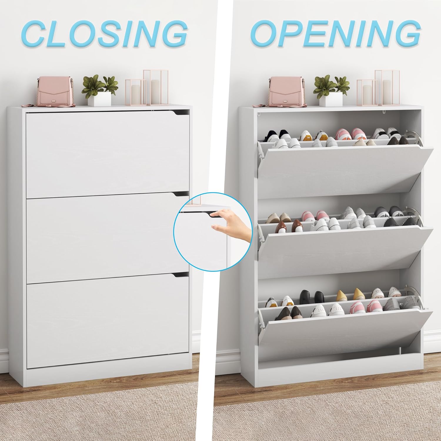 Detalle 1 de BORNOON Sc-80 Shoe Cabinet, 3 Flip Drawers, White, 9.45-Inch Deep