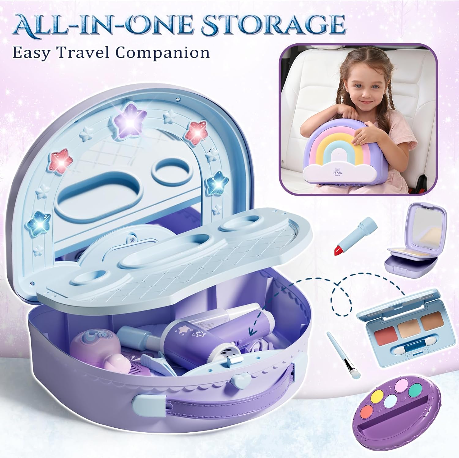 Detalle de Lehoo Castle Kids Vanity: 2-in-1 Portable Dressing Table with Pretend Makeup Set for 3–5 Year Old Girls