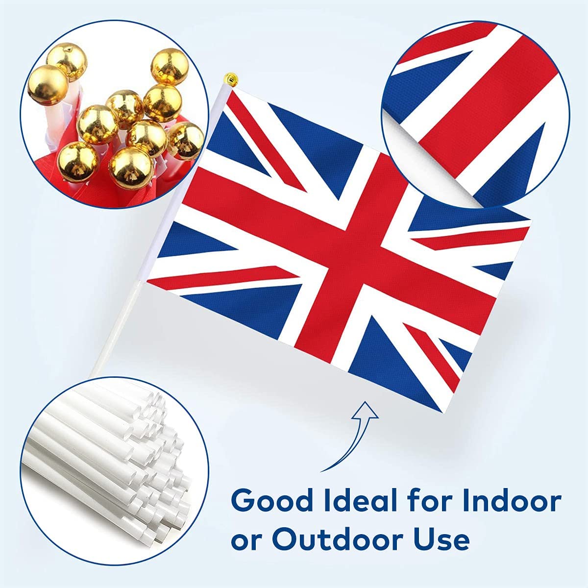 Detalle 2 de ANLAIBO British Union Jack Hand-Held Flags (25 Pack) 14 x 21 cm with 30 cm White Pole