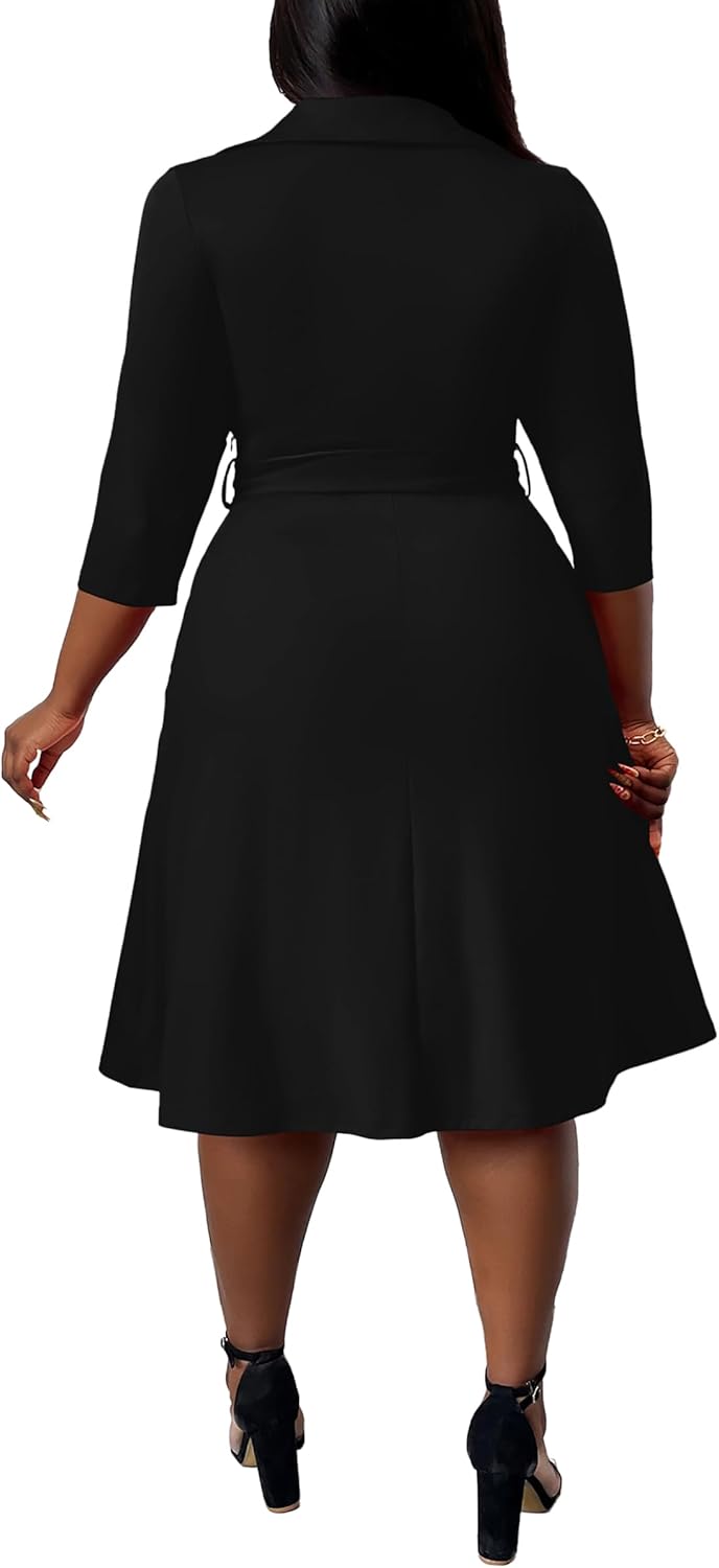 Thumbnail 3 de FANDEE Plus Size Midi Dress with African Print – L-5XL, V-Neck, 3/4 Sleeves, Belt & Pockets