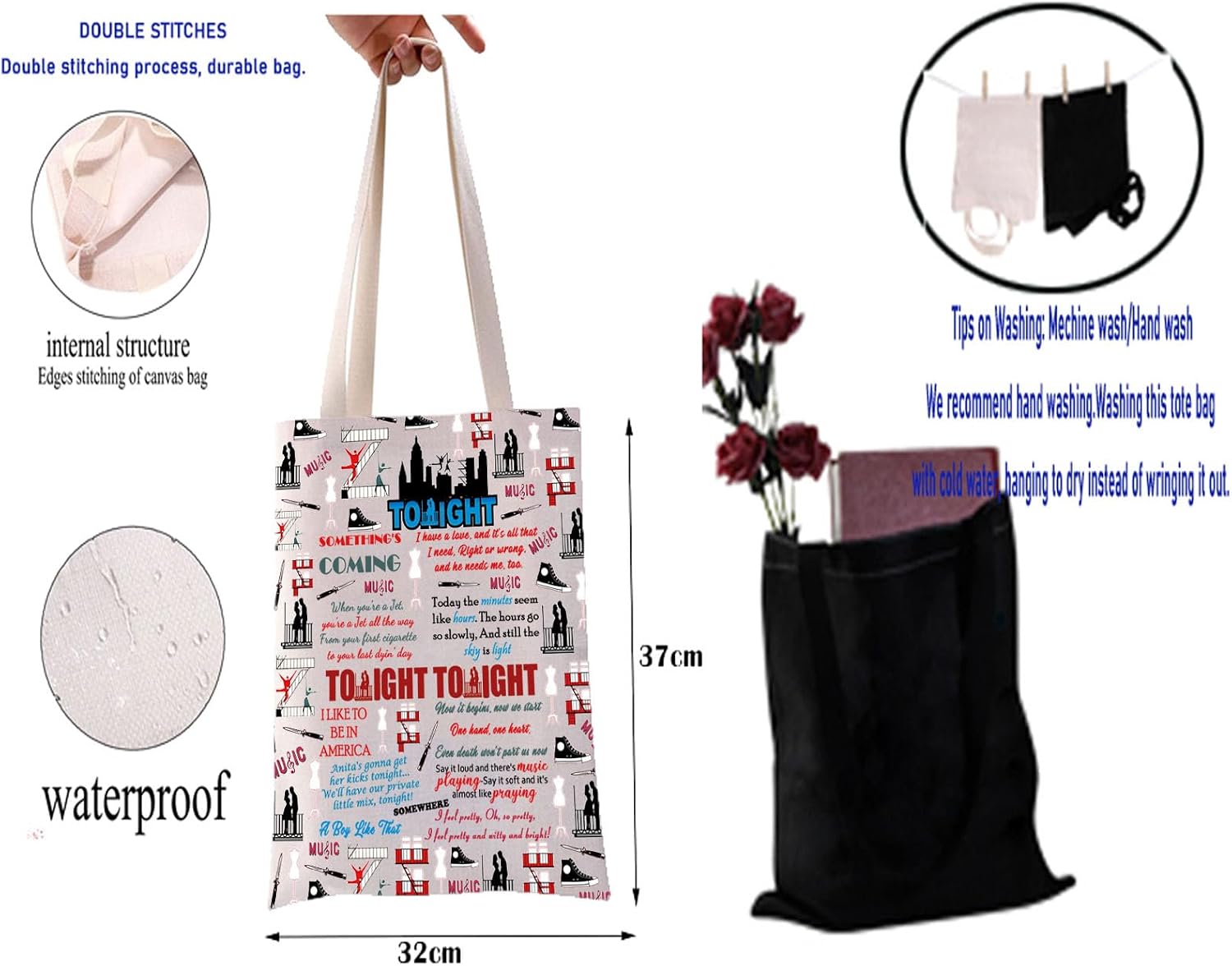 Detalle de PXTIDY West Side Story Musical Tote Bag – Practical Broadway Theatre Bag