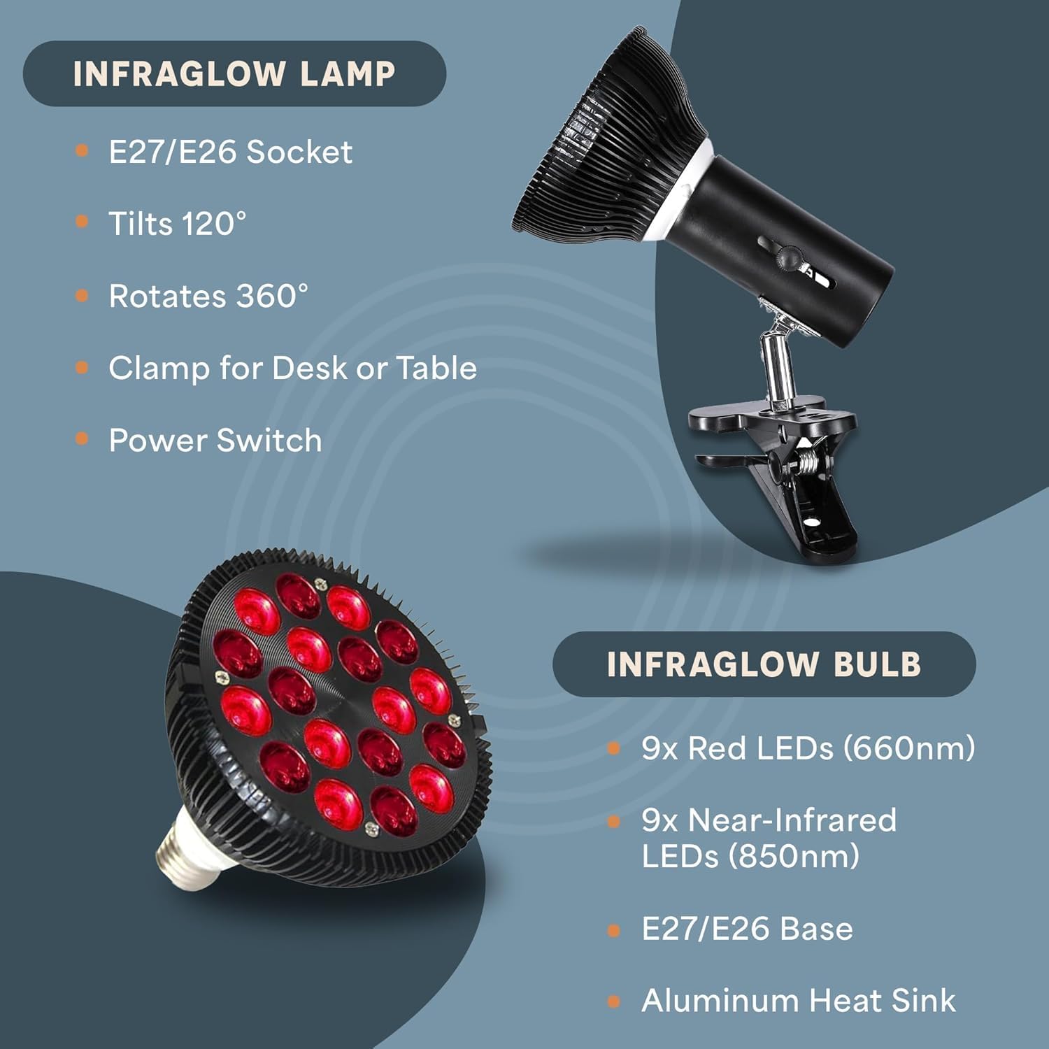 Detalle de LifePro InfraGlow Red Light Therapy Lamp, 660nm + 850nm, Adjustable Clip-On