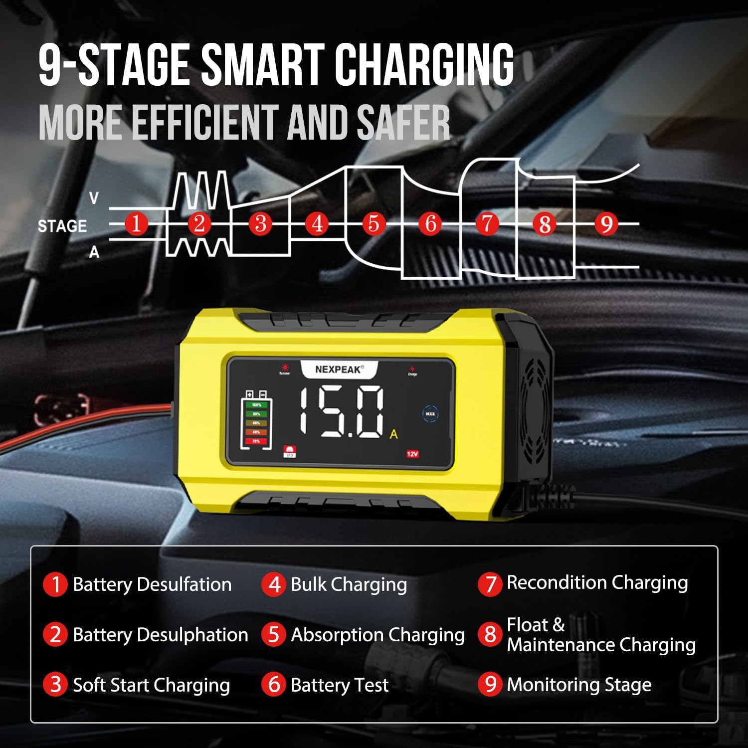 Detalle de NEXPEAK 15A Smart 12V/24V Battery Charger