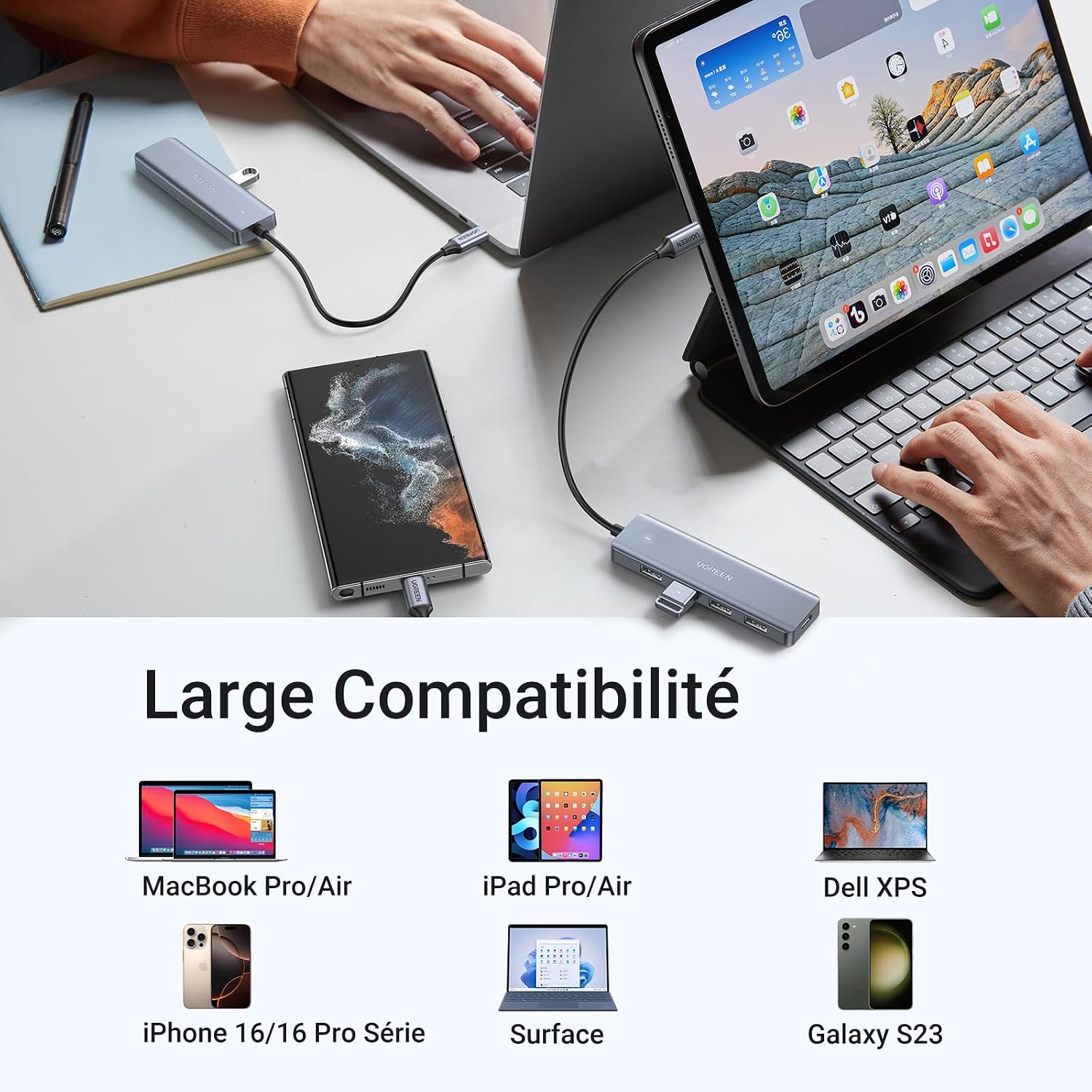 Detalle 1 de UGREEN Hub USB C 4 ports 15 cm