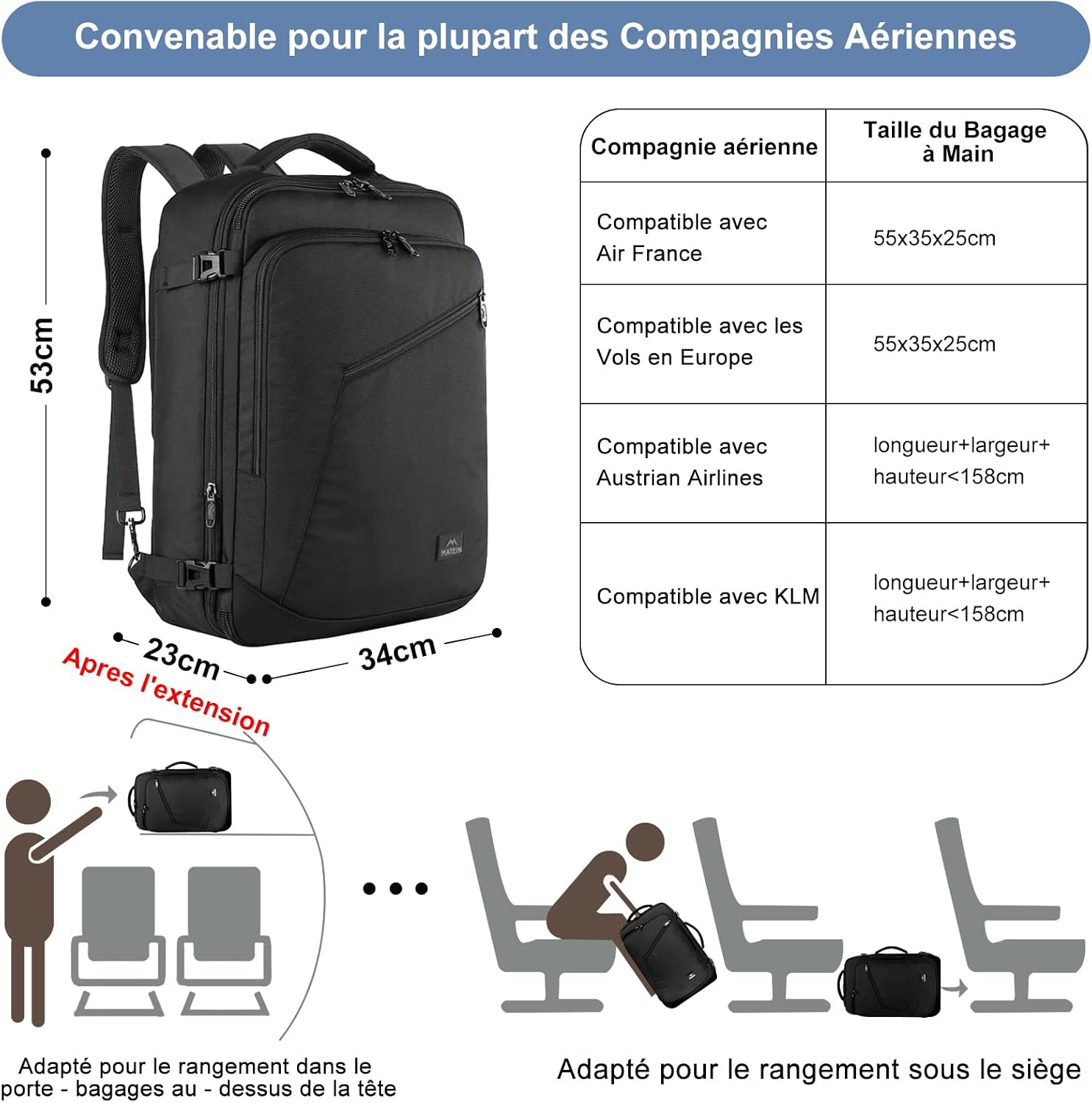 Thumbnail 1 de MATEIN Bagage Cabine 55x35x25 : Sac à Dos Voyage Cabine avec roulettes et 50 L, 2 en 1
