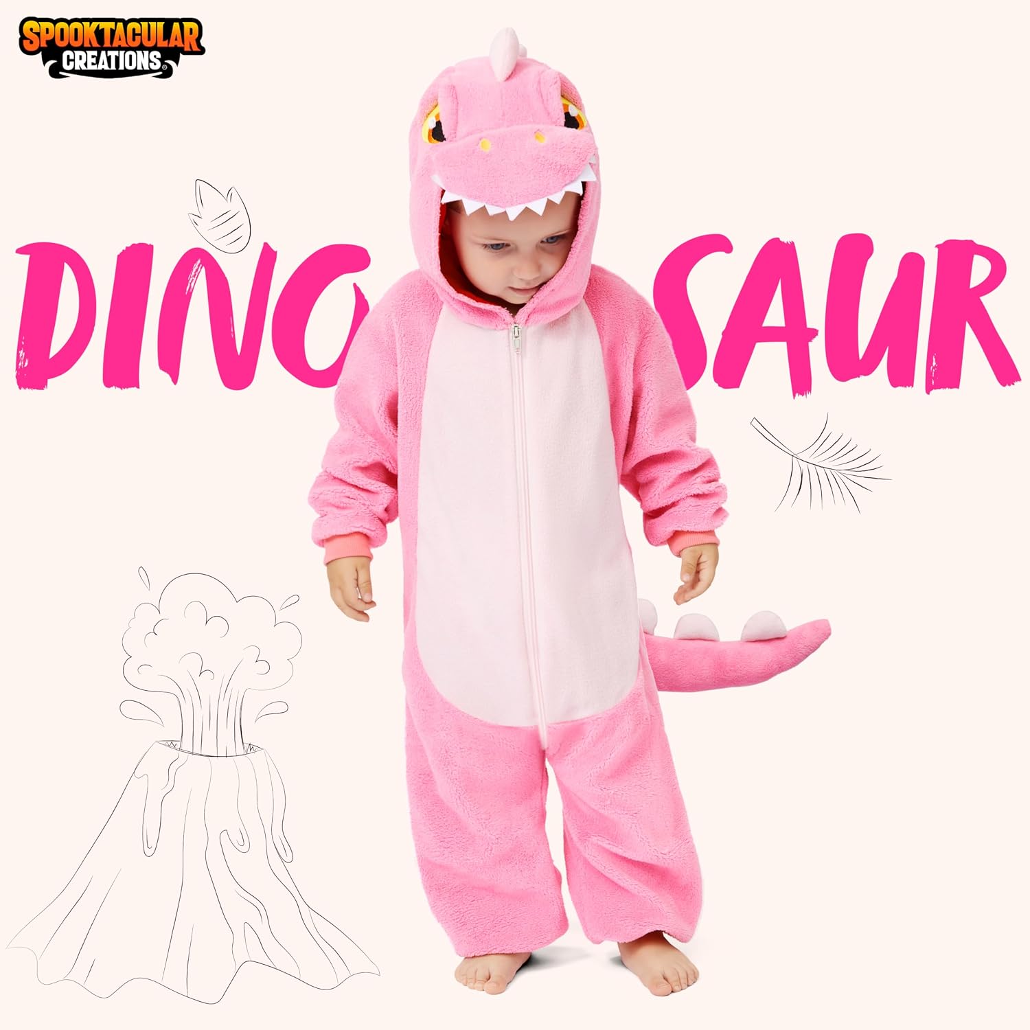 Detalle de Spooktacular Creations Baby Dinosaur Costume, Pink Hooded Zipper Jumpsuit