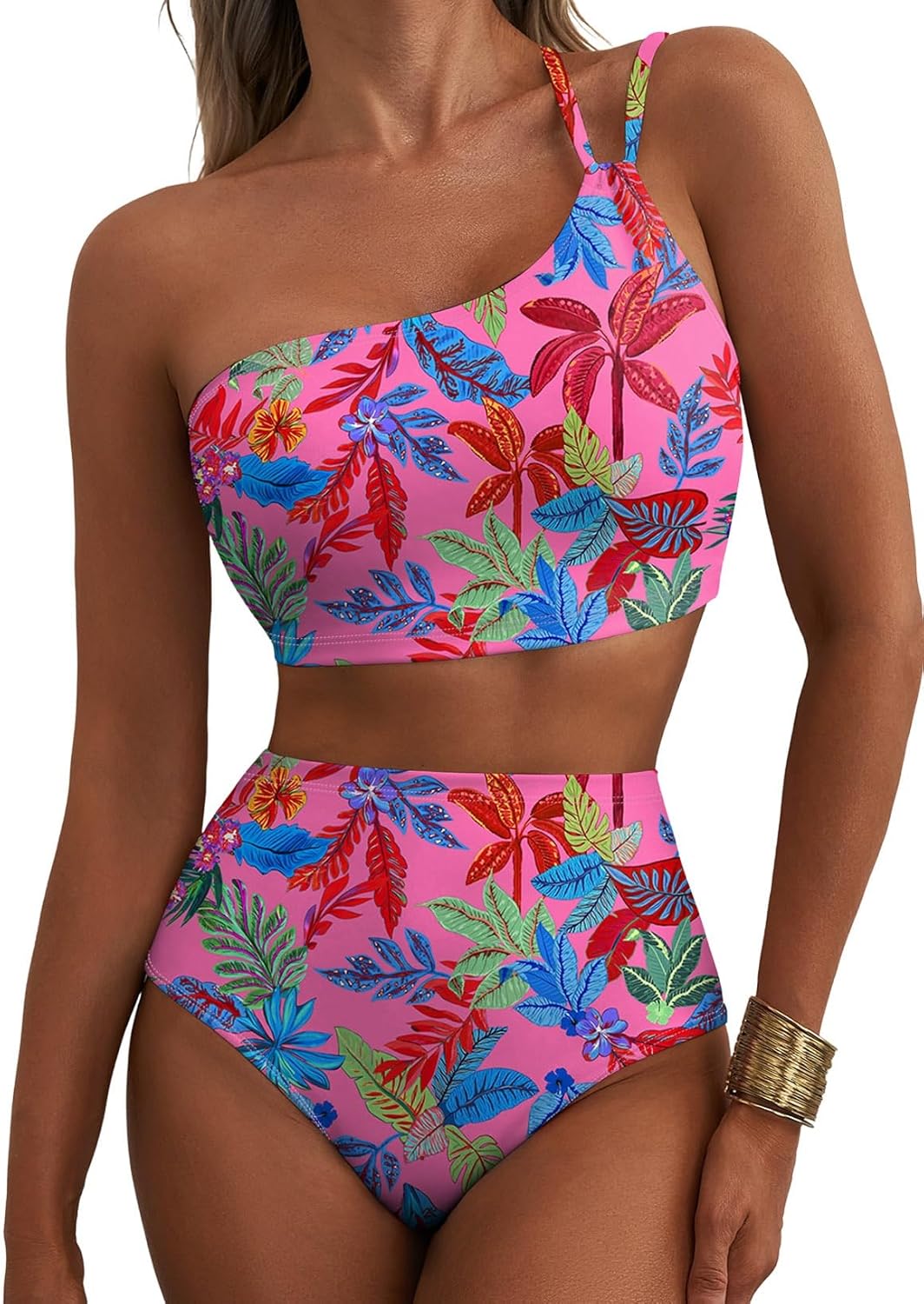 Thumbnail 6 de Herseas Women's High Waisted Bikini Sets One Shoulder Floral Print — 2 Piece Tummy Control Swimsuits