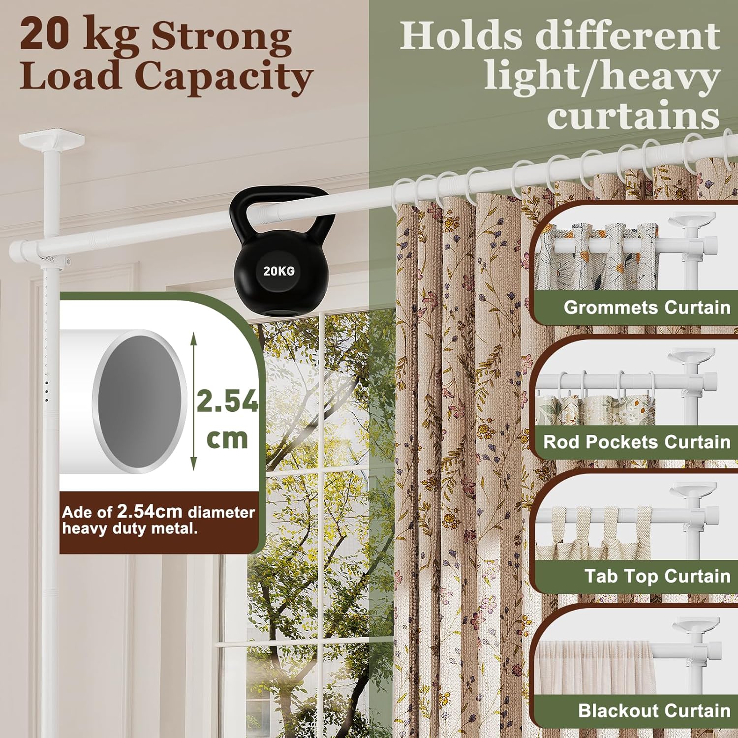 Thumbnail 3 de Yeabett Raumteiler-Stange (ohne Bohren) – verstellbares Raumtrennsystem 122–305 cm Höhe, 70–177 cm Breite, weiß