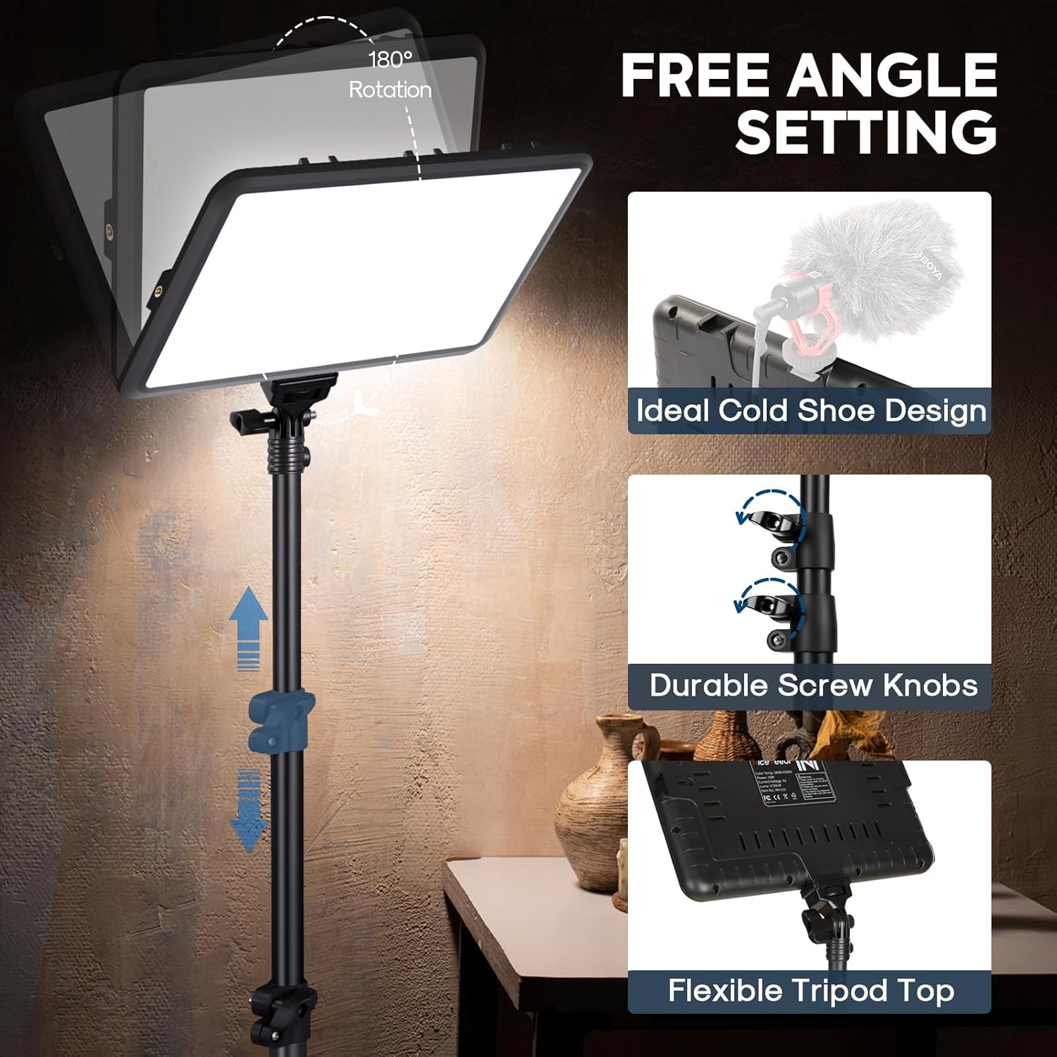 Detalle 2 de NiceVeedi 25W LED Video Panel Light Kit (2-Pack) with 185cm stands, tripod, 2900–7000K dimmable lighting