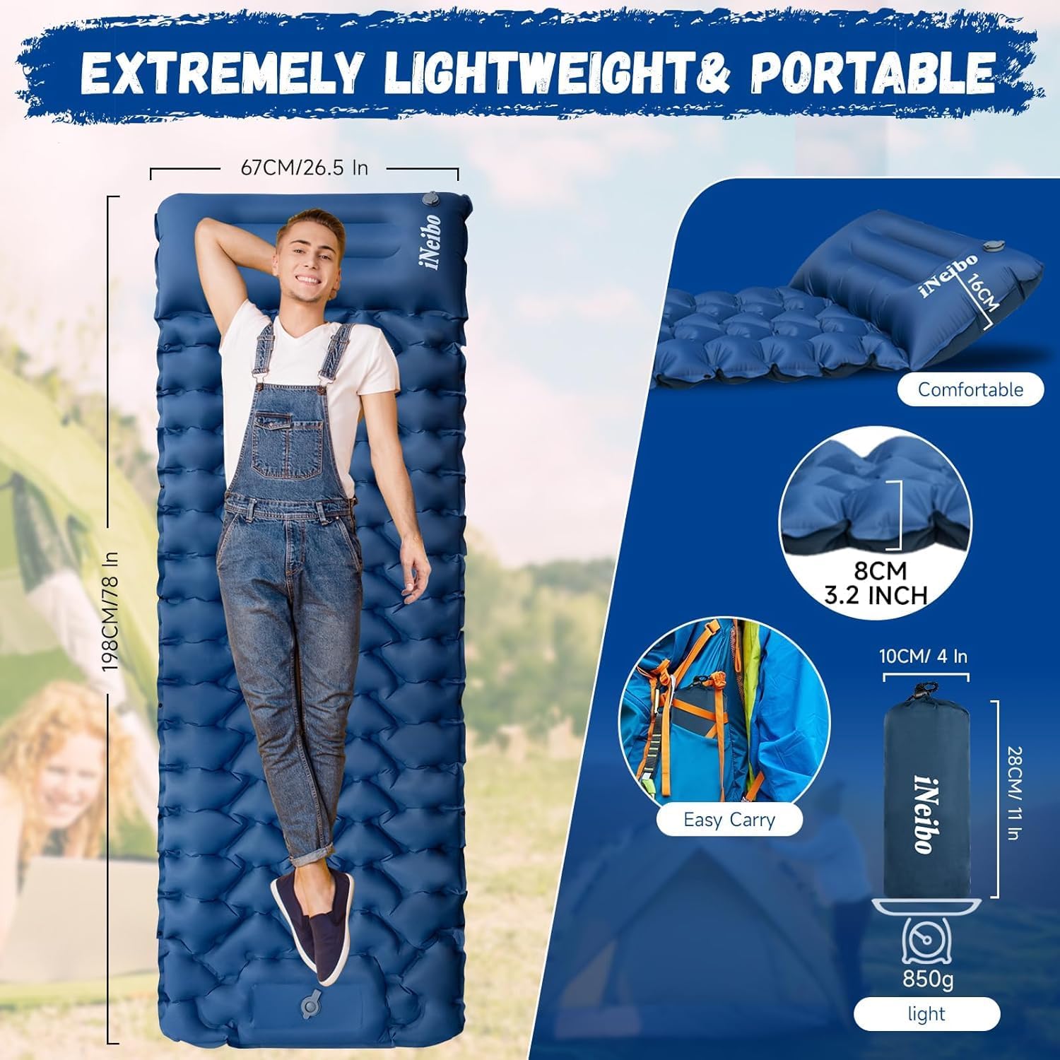 Detalle de iNeibo Sleeping Pad: Inflatable Sleeping Mat with Built-in Foot Pump Pillow for Outdoor Camping