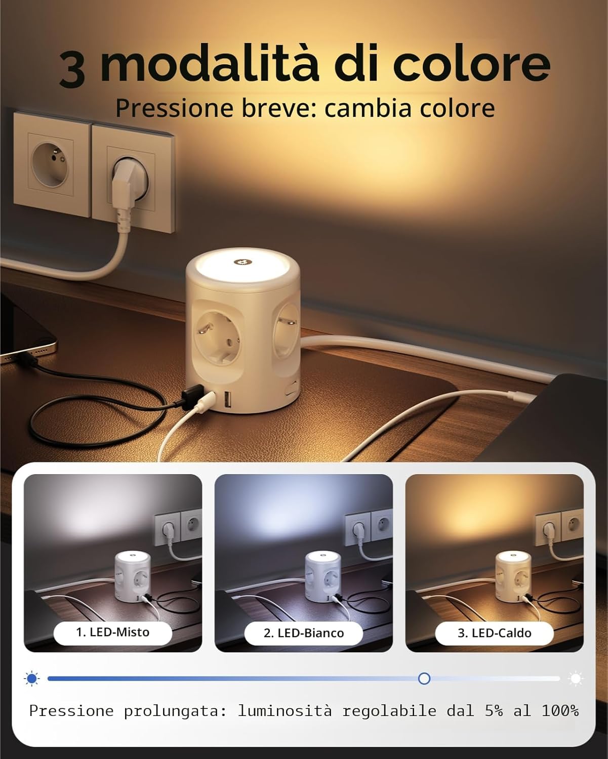 Detalle de 3M Ciabatta multipresa con luce, 4 prese e 3 USB (USB-C + USB-A) con interruttore, 16A, cavo 3 metri