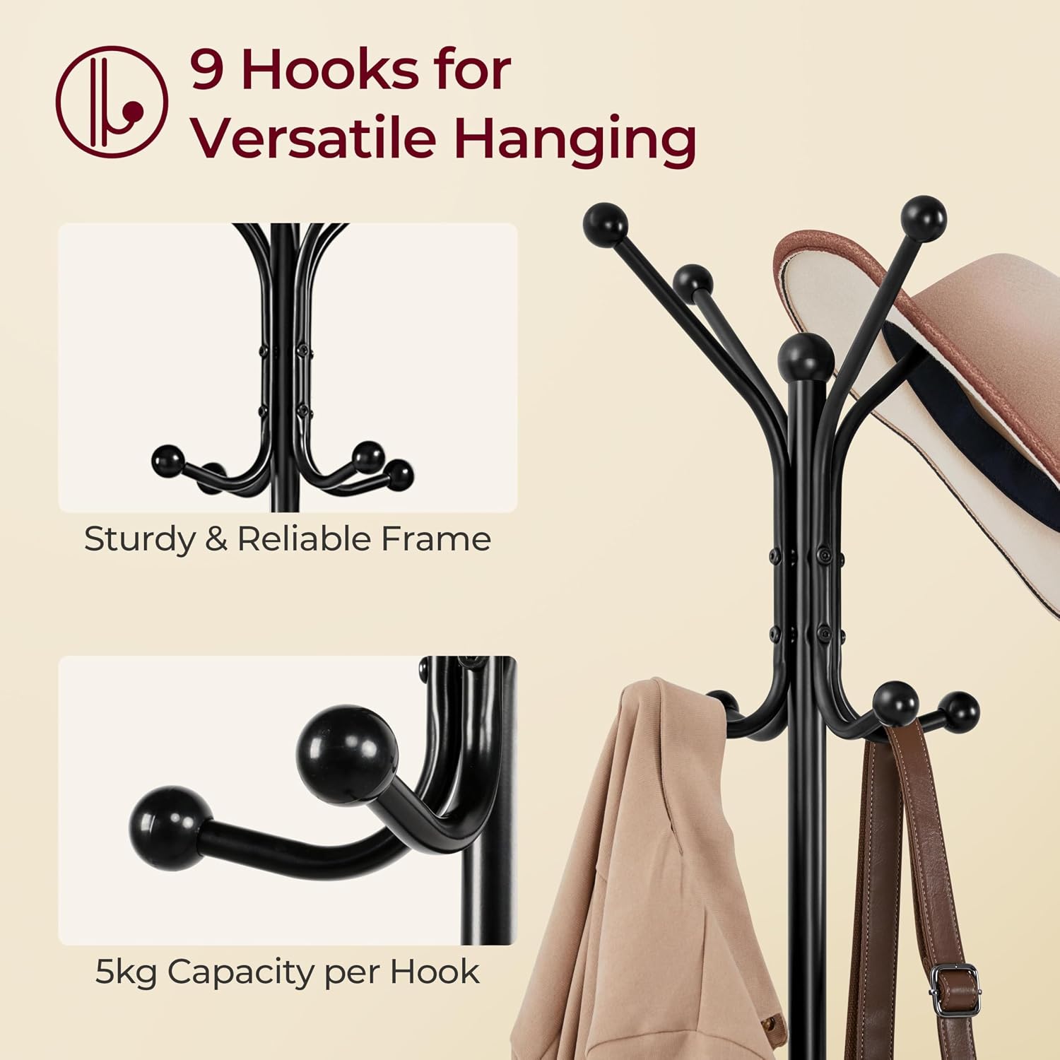 Thumbnail 4 de Yaheetech 186 cm Metal Coat Stand with 8 Hooks, Umbrella Holder and Solid Base – Free Standing Black
