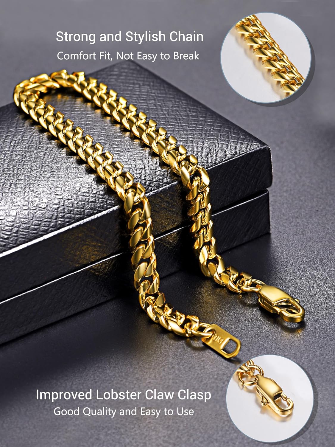 Thumbnail 5 de PROSTEEL Bracciale da uomo in acciaio inox 316L con bagno oro 18K, catena cubana con maglie da 4,8/6/10/14 mm