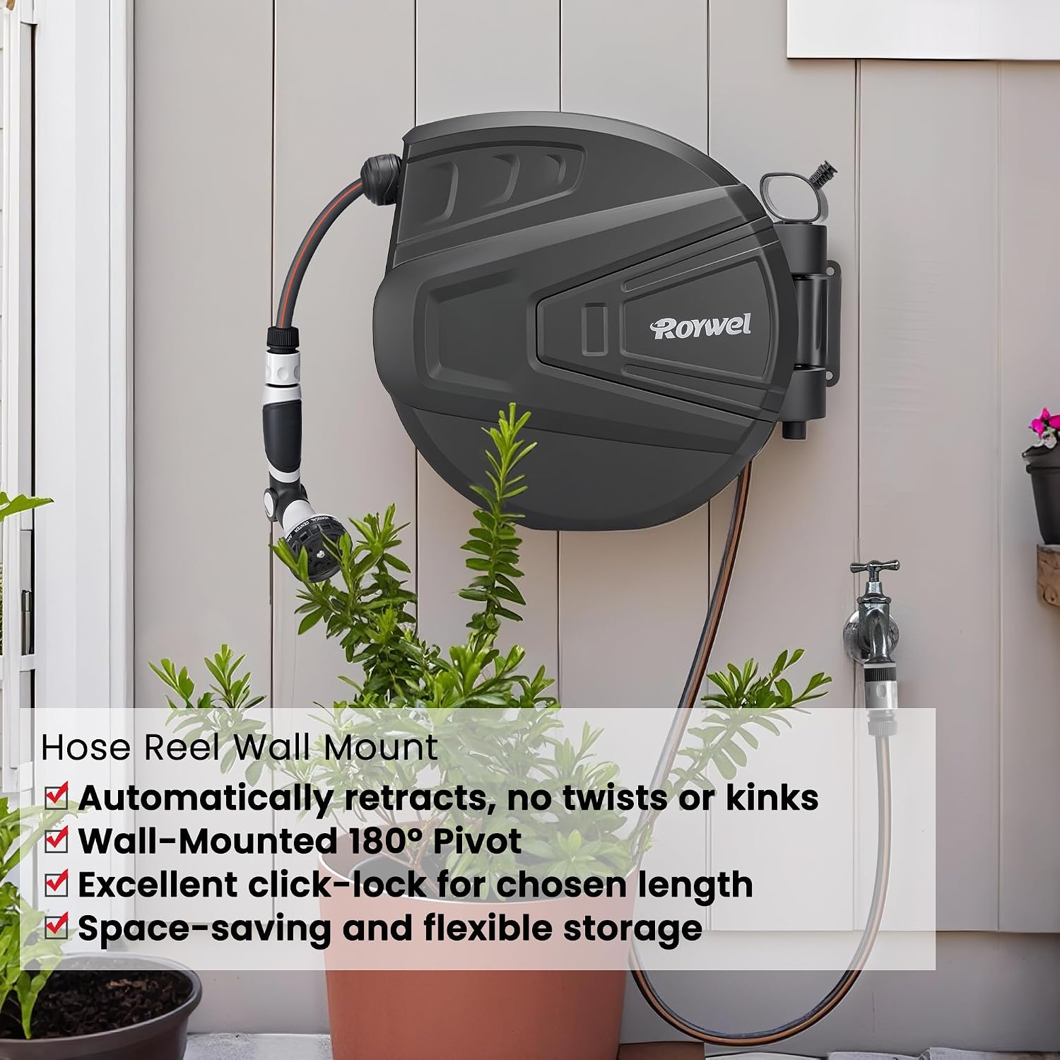 Thumbnail 1 de Roywel Auto Reel Garden Hose 30M: Wall‑Mounted Auto Rewind with 180° Pivot and Multifunction Nozzle