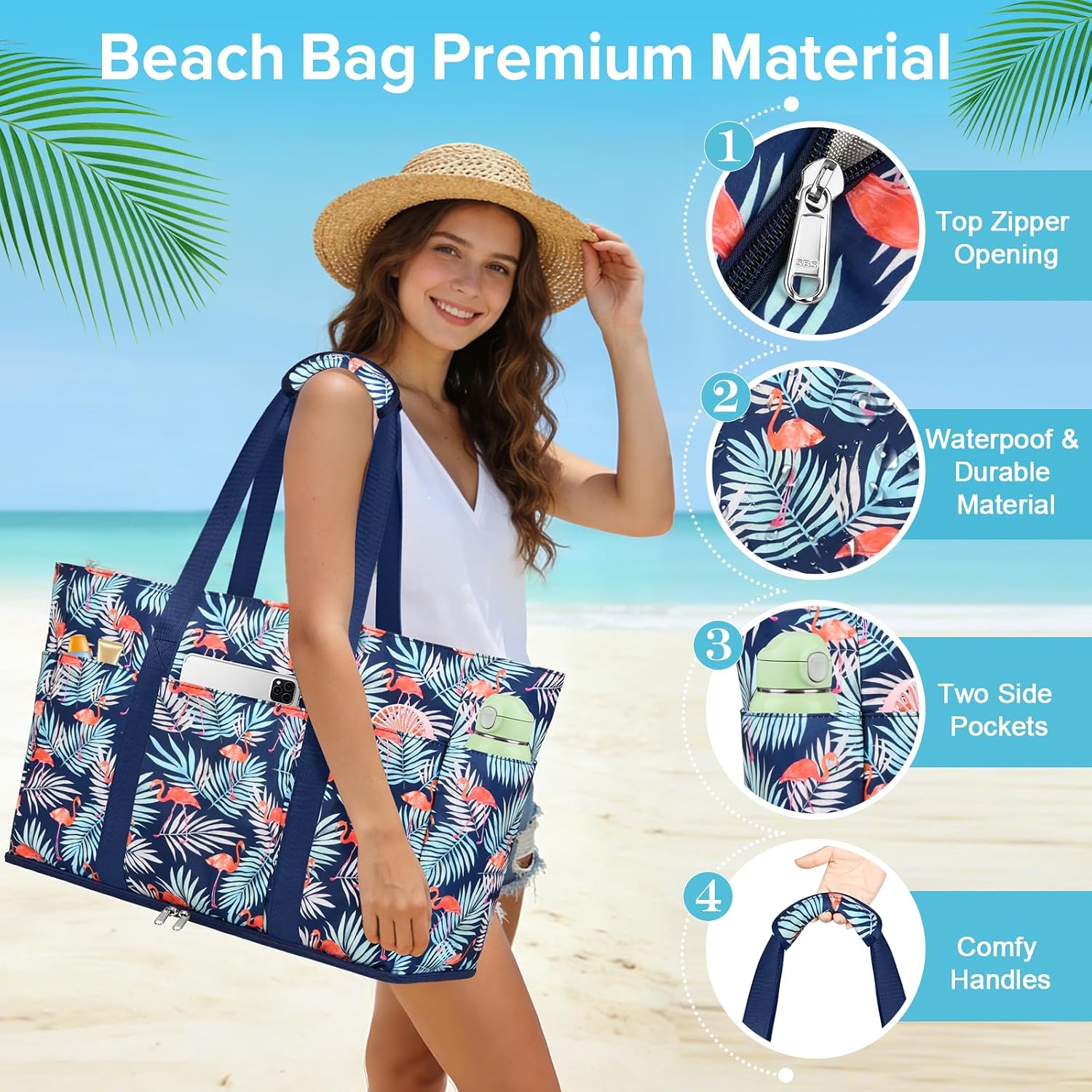 Thumbnail 2 de LUROON Strandtasche XXL Familie mit Reißverschluss – Große, faltbare Badetasche 45L für Strand, Pool & Reisen
