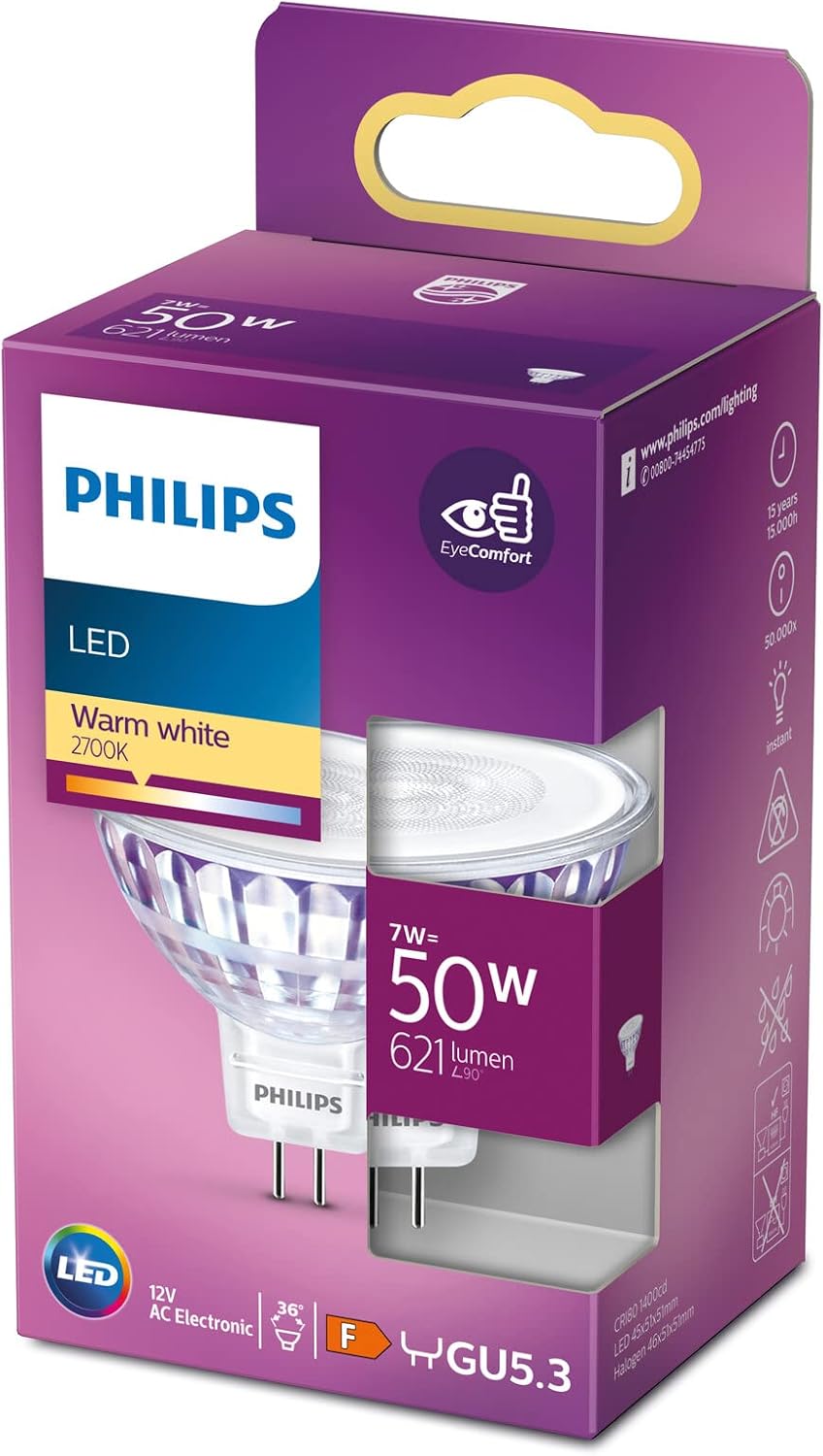 Detalle 2 de Philips LED Lampadina Faretto GU5.3, equivalente a 50W, luce bianca fredda (non dimmerabile)