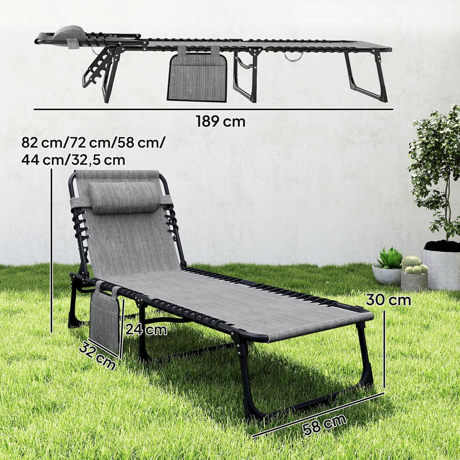 Thumbnail 6 de Outsunny Chaise Longue Pliable Gris Bain de Soleil