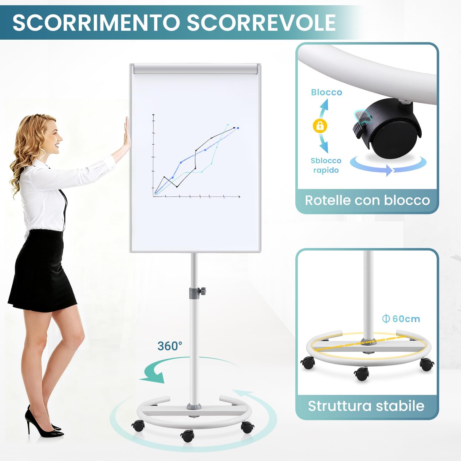 Detalle 2 de MAKELLO Lavagna Magnetica Mobile 100x65 cm con altezza regolabile e cavalletto
