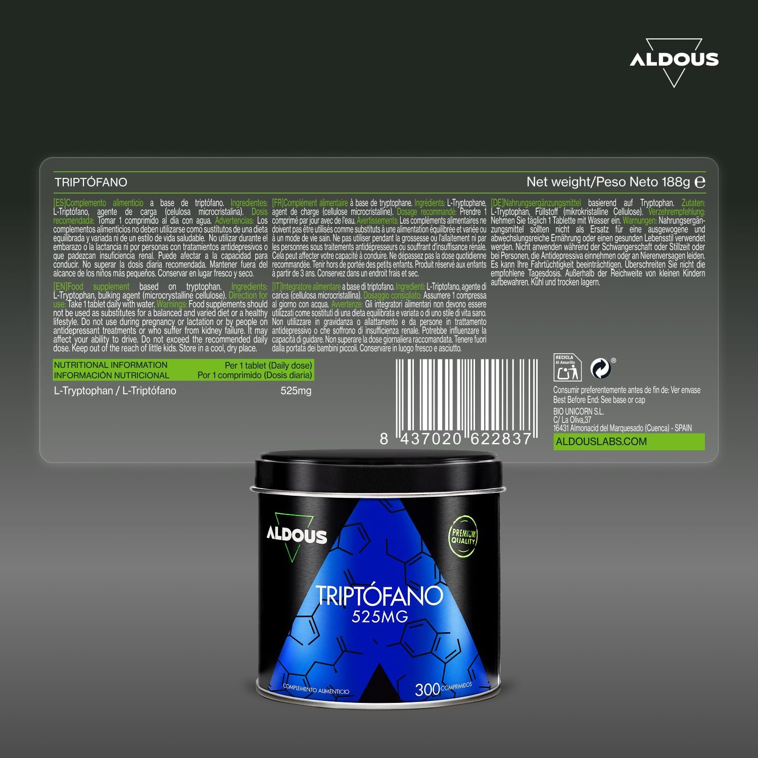 Thumbnail 5 de Triptofano Puro 525mg di Aldous — 300 Compresse per 10 mesi, supporto al sonno e all’umore