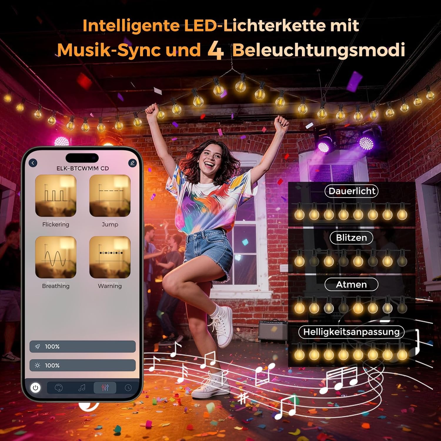 Thumbnail 2 de LED-Lichterkette für außen: 91,3 m Stromkette mit 120× G40, App & Fernbedienung, dimmbar (IP44)