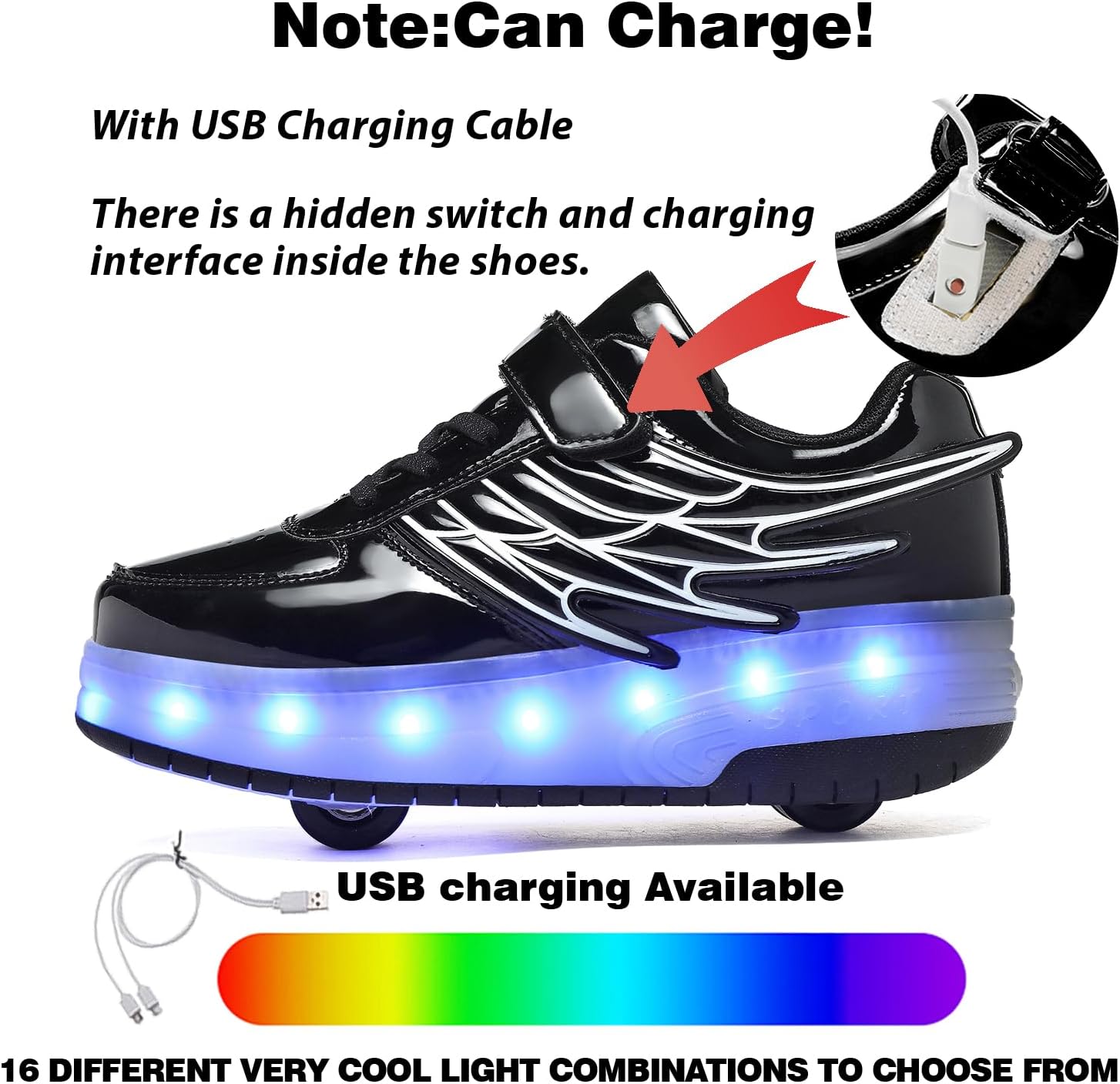 Detalle de Hoverkickes LED Roller Skate Shoes for Kids with Rechargeable Lights and Detachable Wheels