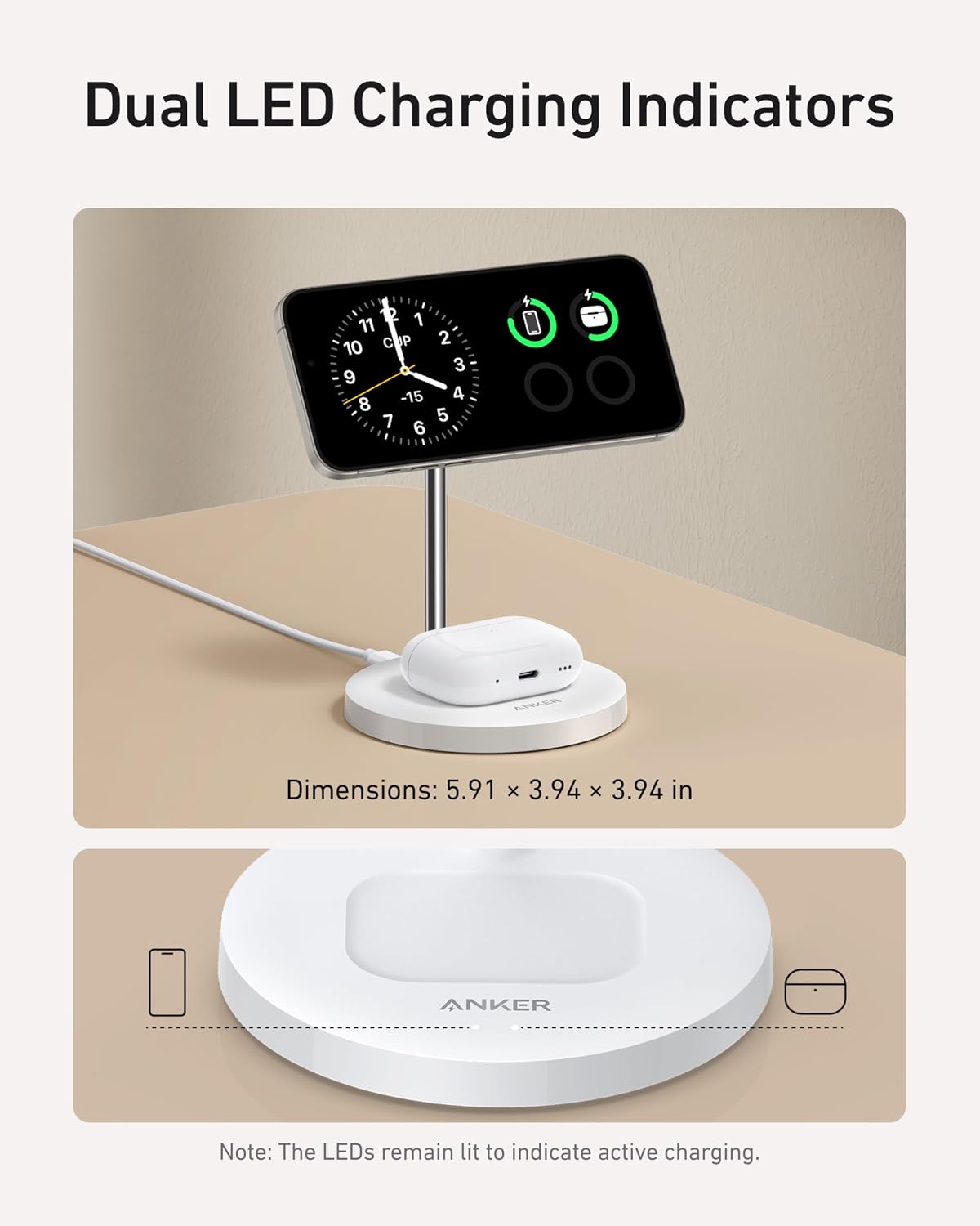 Detalle de Anker MagGo 15W MagSafe Ladegerät 2-in-1 – Induktive Ladestation mit 45°/360° Verstellung