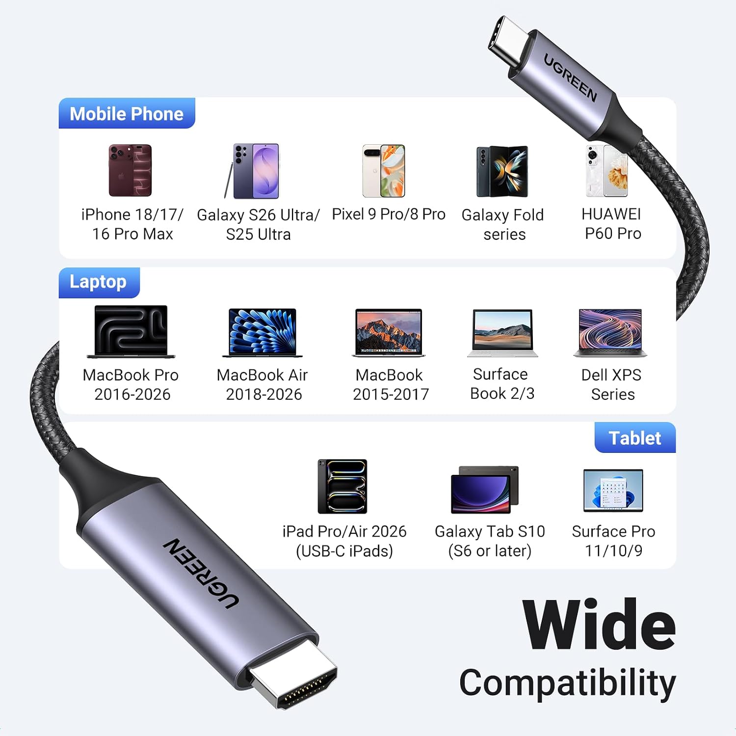 Thumbnail 6 de UGREEN USB C to HDMI Cable (4K@60Hz) 6.6FT — Type C to HDMI Adapter for Thunderbolt 4/3 and DP Alt Mode