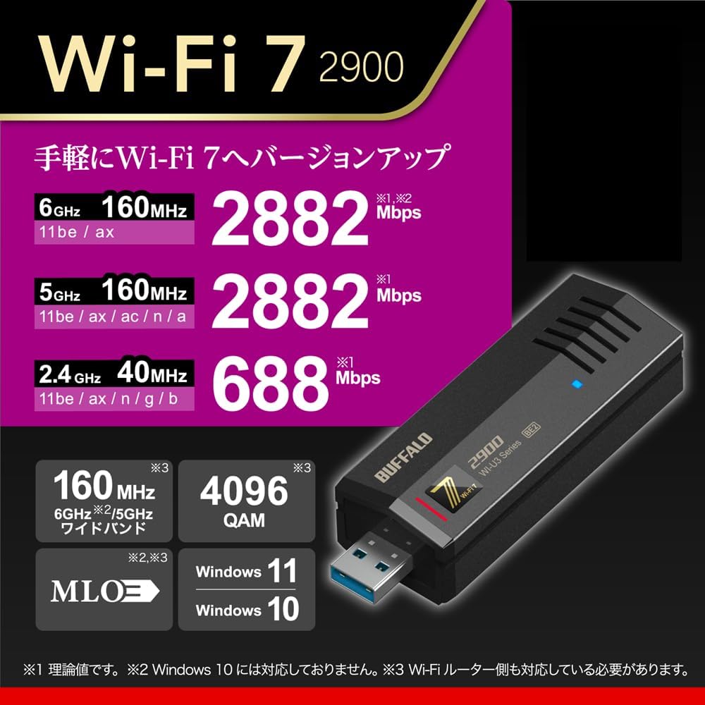 Thumbnail 1 de バッファロー WI-U3-2900BE2/N Wi-Fi 7対応 無線LAN子機 6GHz・USB Type-A延長ケーブル付属