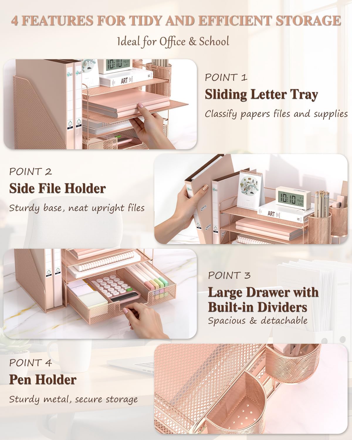 Detalle 2 de WALI 4-Tier Desk File Organizer with Drawer, Pen Holders, Rose Gold
