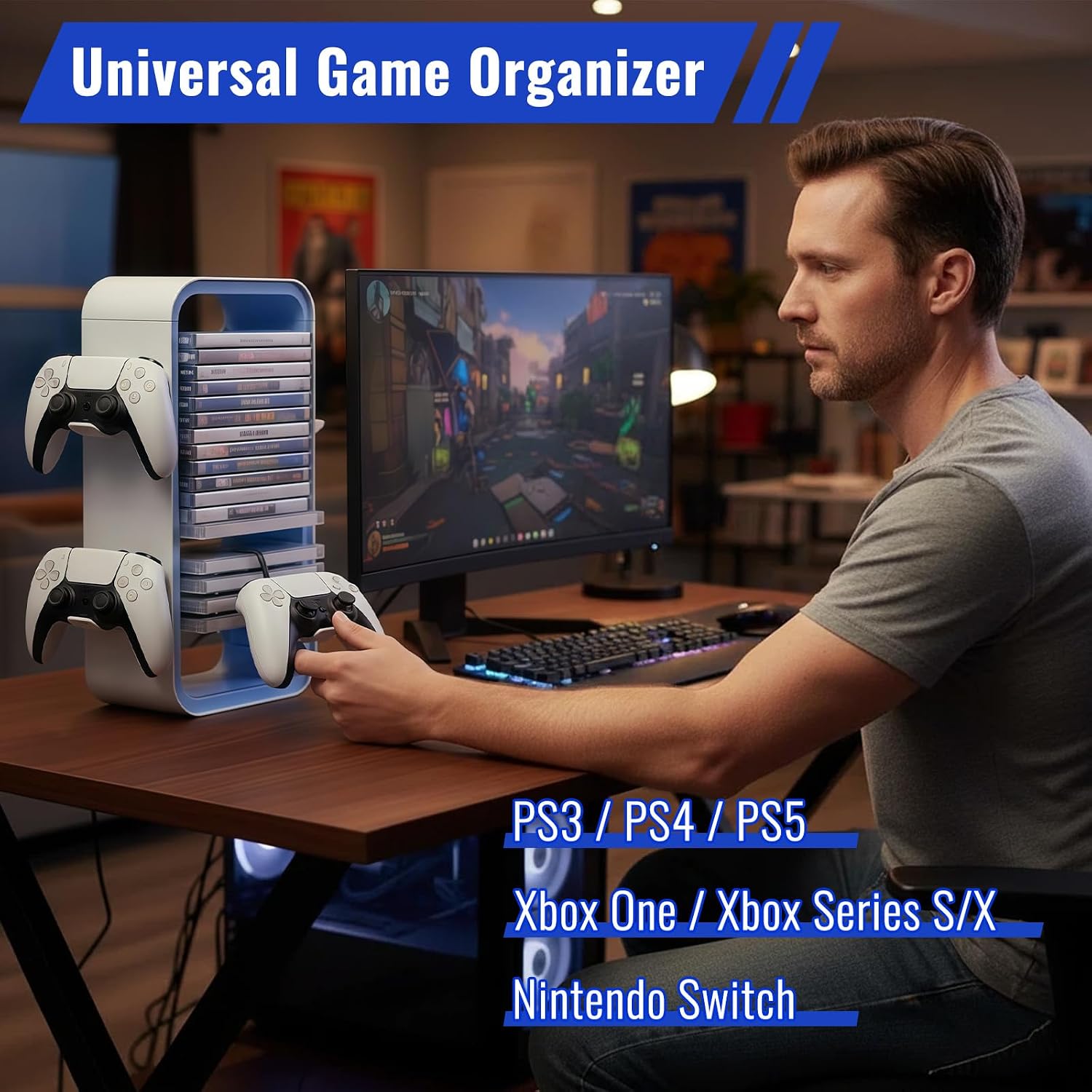 Detalle de CHUNGG universal game storage tower for 19 DVD/Blu-ray cases with controller & headphone holders (white & blue)