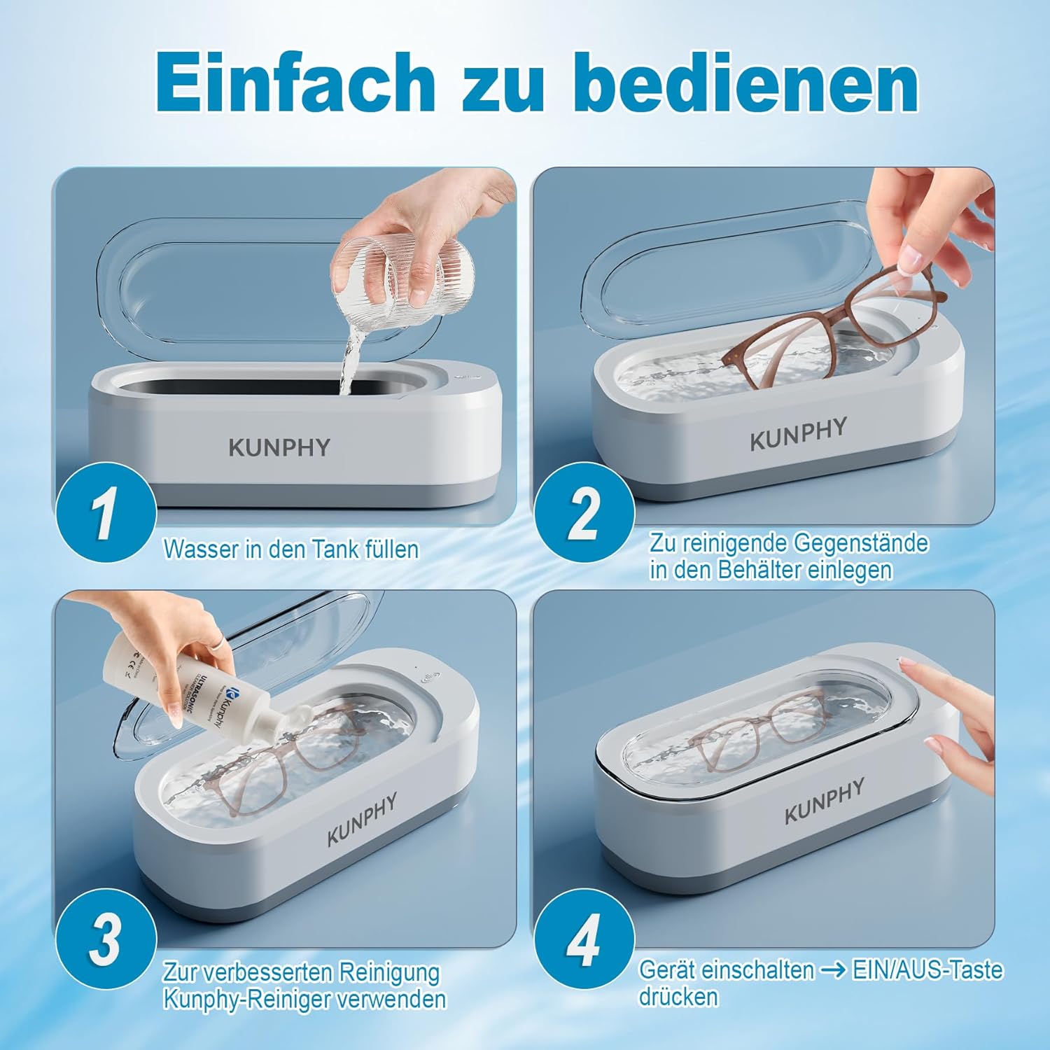 Detalle 2 de kunphy Ultraschallreinigungsgerät für Brillen & Schmuck (350 ml, 46 kHz)