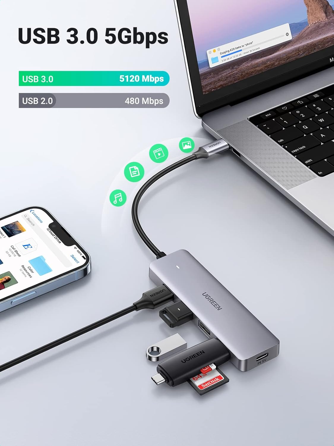Detalle de UGREEN USB C Hub 4‑port 5Gbps