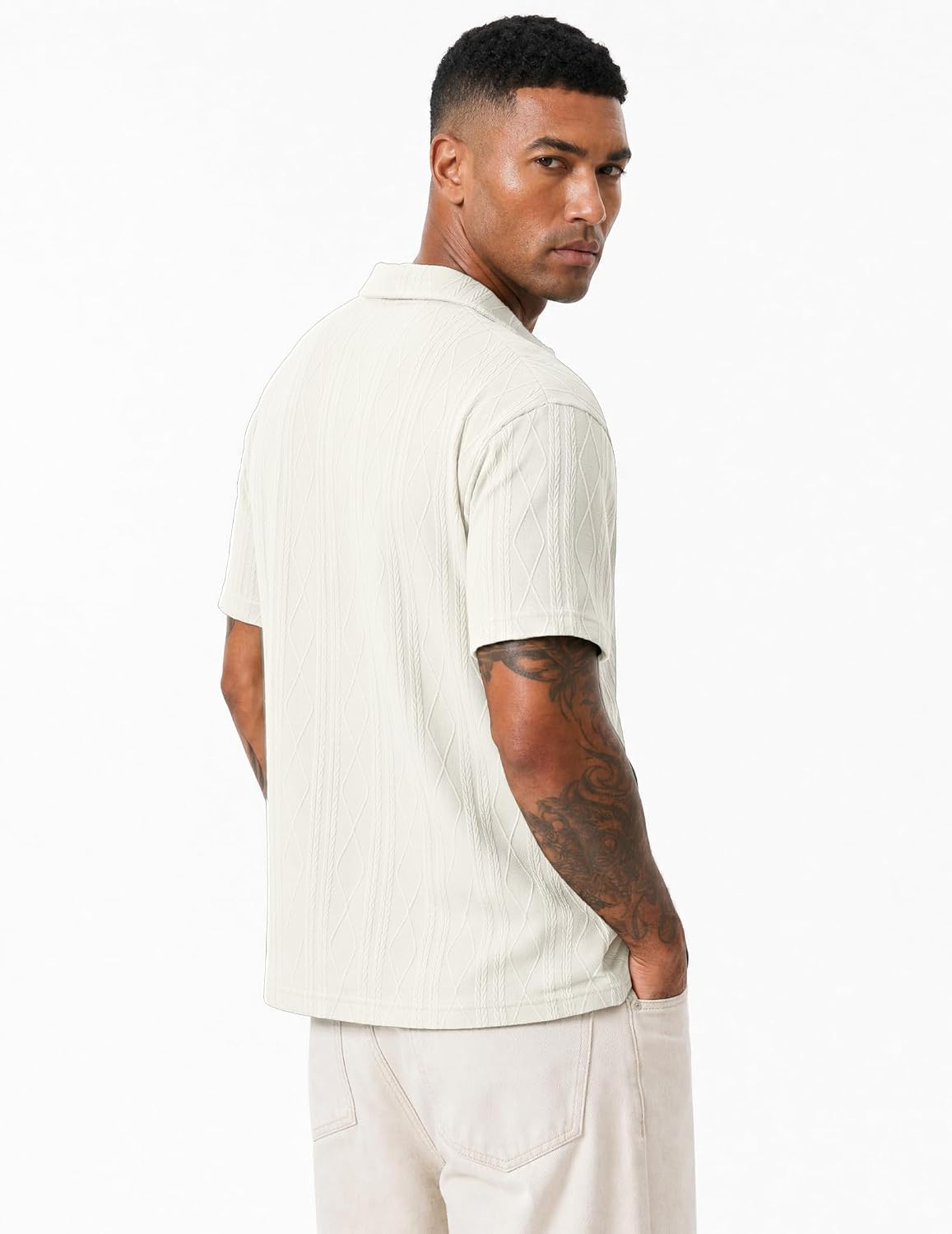 Detalle 2 de JMIERR Men's Polo Shirt Textured Knit Button Short Sleeve – Old Money Style