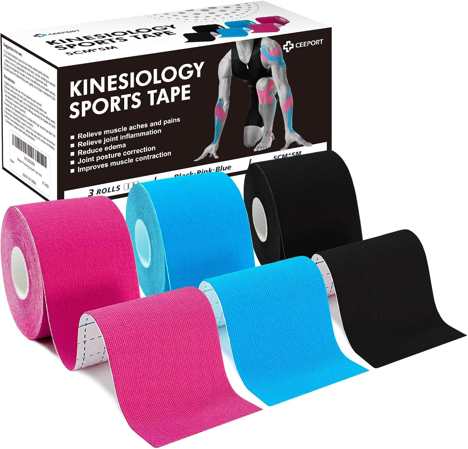 Detalle de Ceeport Kinesiology Tape 5cm x 5m (3 Rolls) – Elastic sports muscle support tape for shoulder, ankle, elbow & more