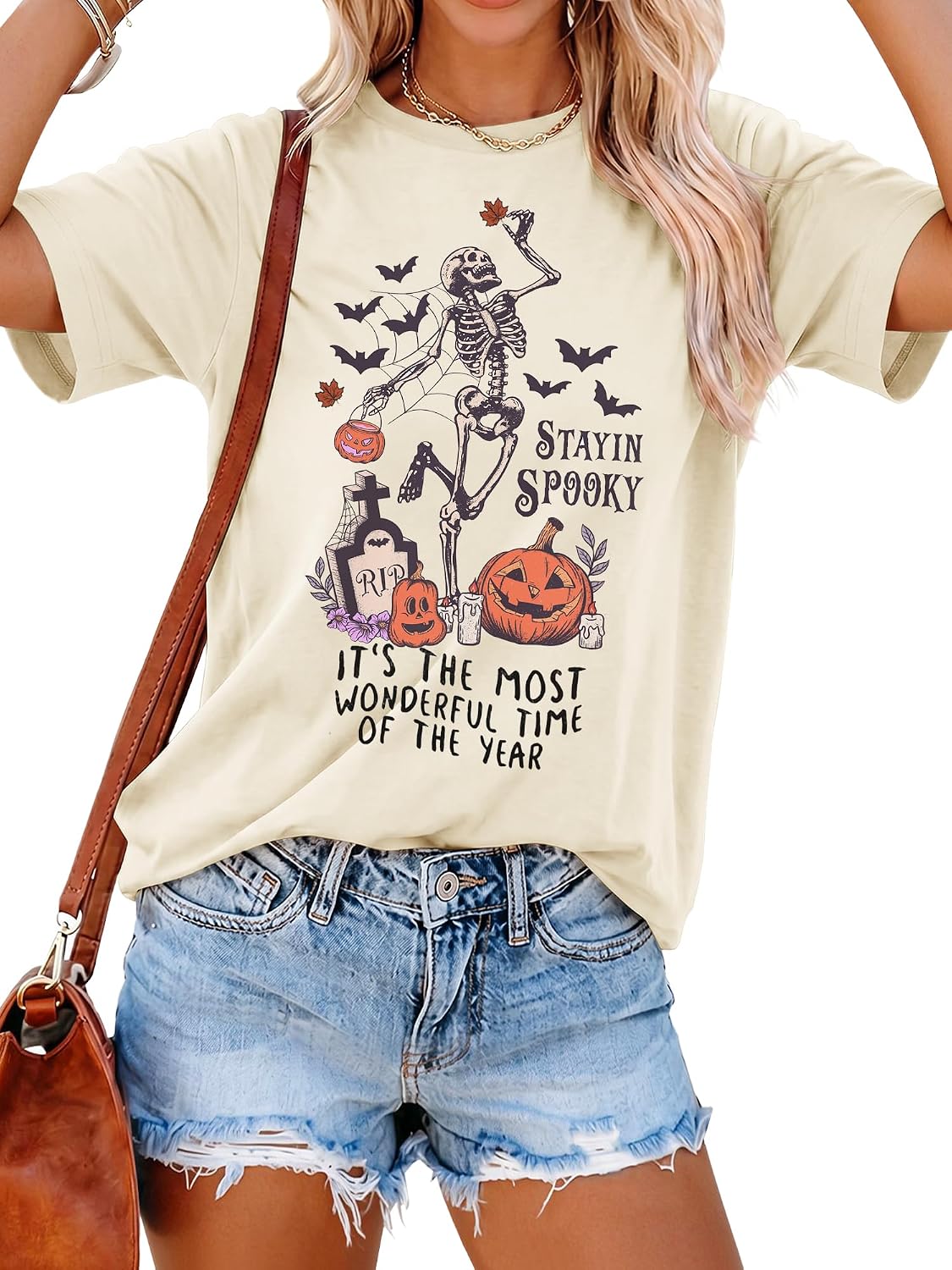 Detalle de Zellea Halloween T-Shirt for Women with Ghost, Pumpkin, Witch and Skeleton Graphics