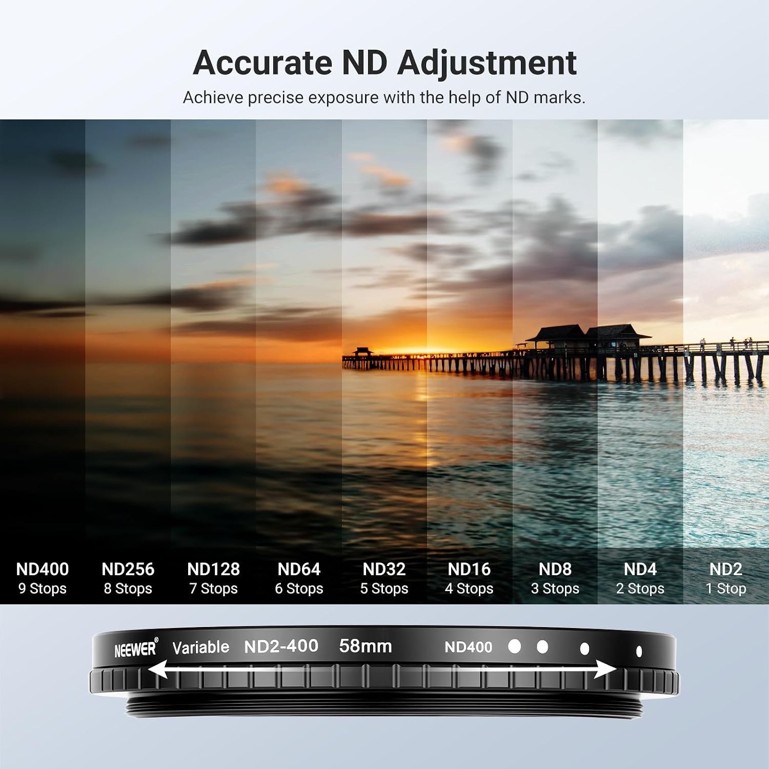 Detalle 2 de NEEWER 58mm Variable ND + CPL + UV Filter Kit (3 Pack) for 58mm Lenses
