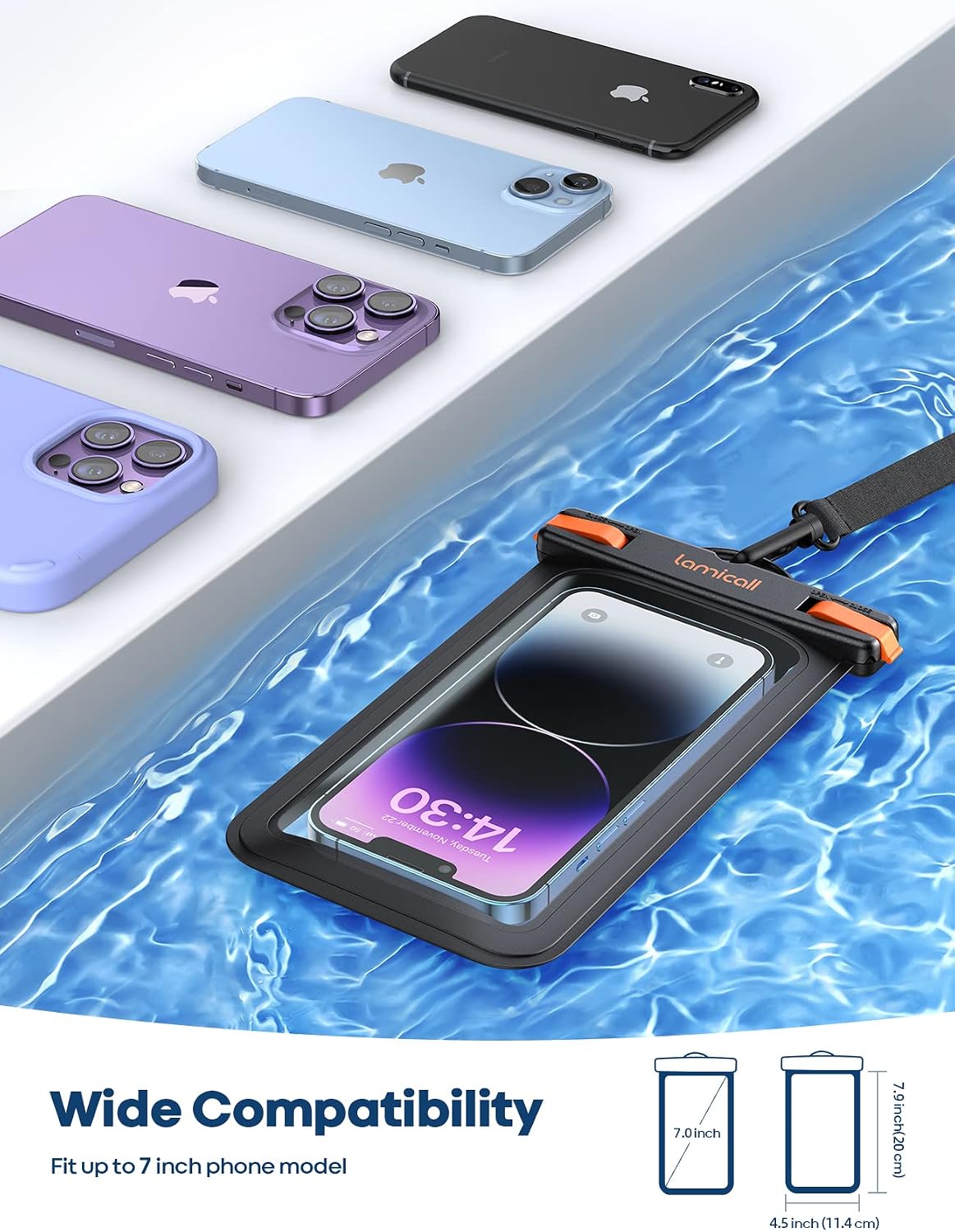 Detalle de Lamicall Waterproof Phone Pouch Case - 2 Pack, IPX8 Up to 7" Compatibility, Clip Strap