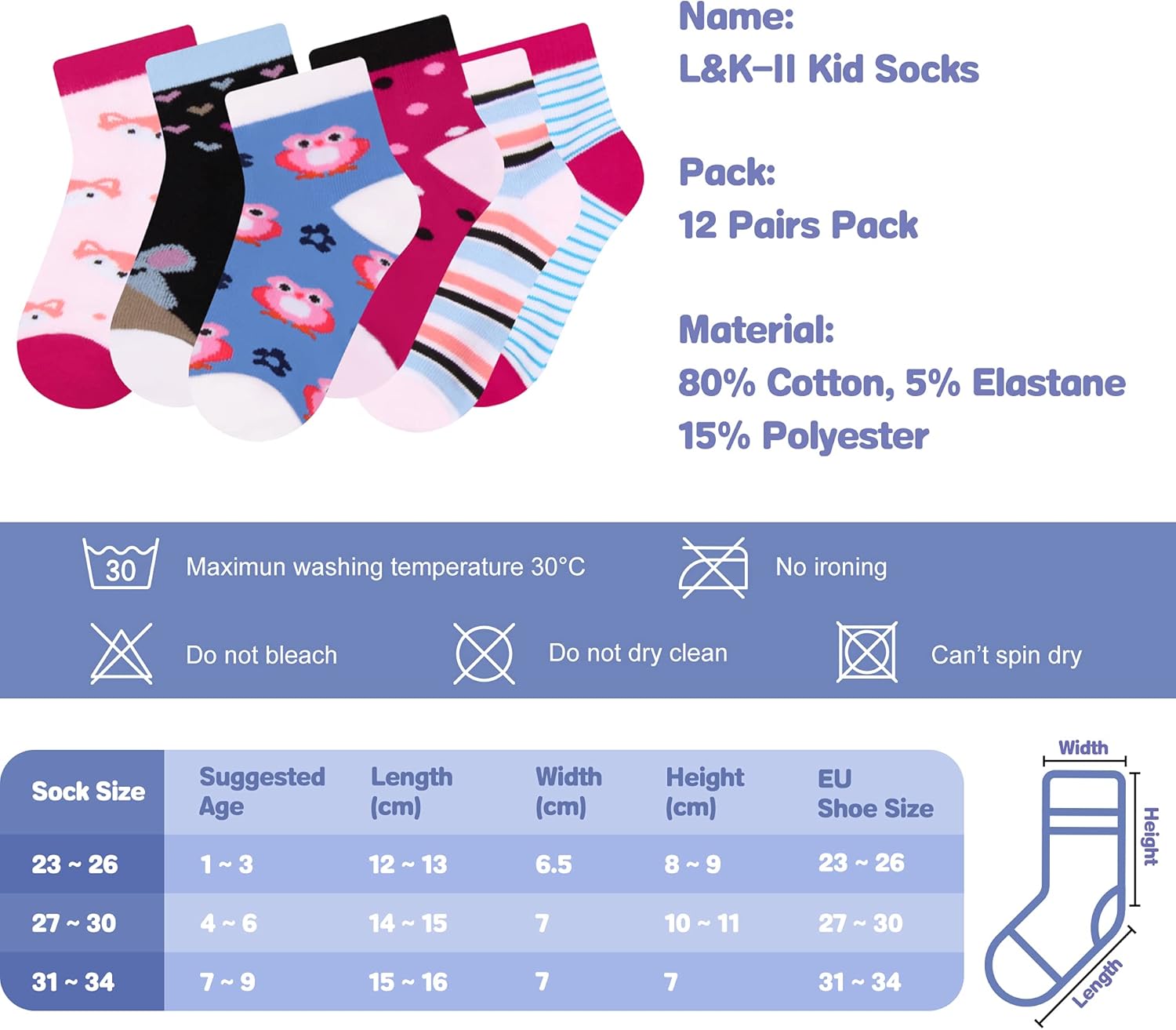 Thumbnail 2 de Libella 12 paia di calzini da ginnastica per bambini (1-12 anni), a pois e strisce colorati