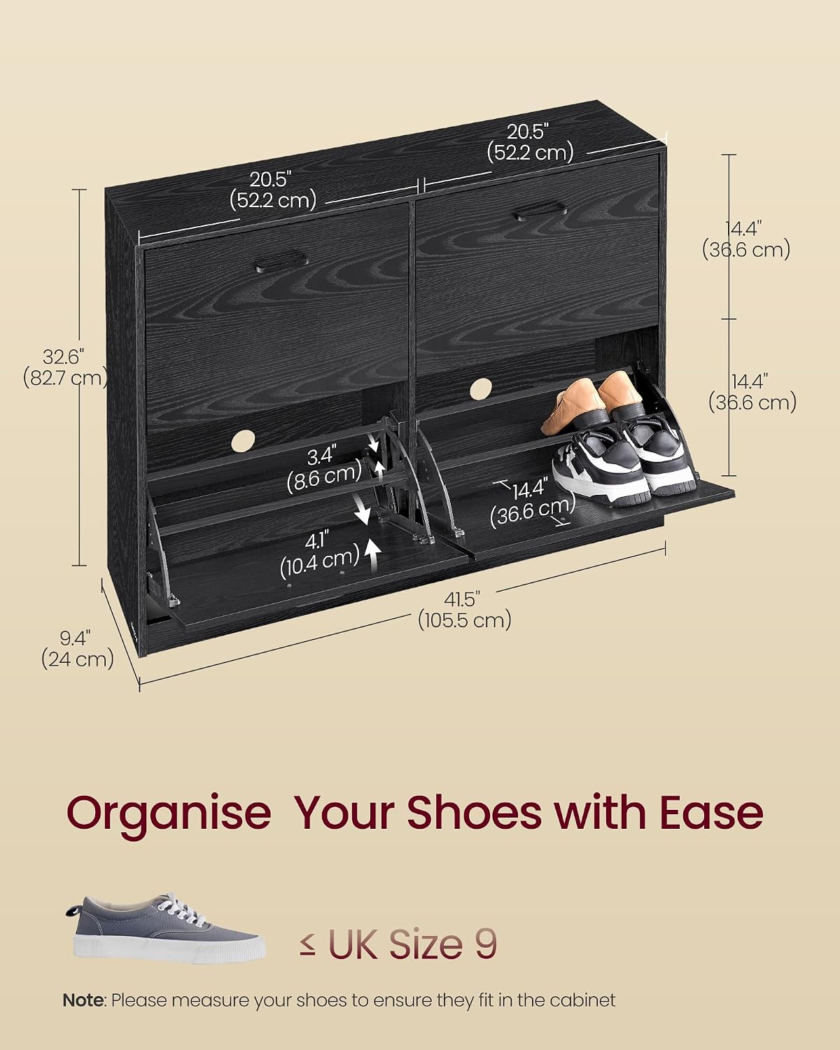 Detalle de VASAGLE LBC035B01 shoe cabinet, 4 flaps, adjustable dividers, ebony black