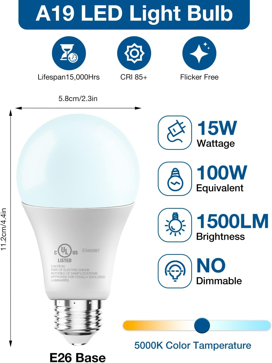 Detalle 2 de DAYBETTER QANNB2 AUS-D1 A19 LED Bulbs, 5000K, 1,500 Lumens, 12-Pack
