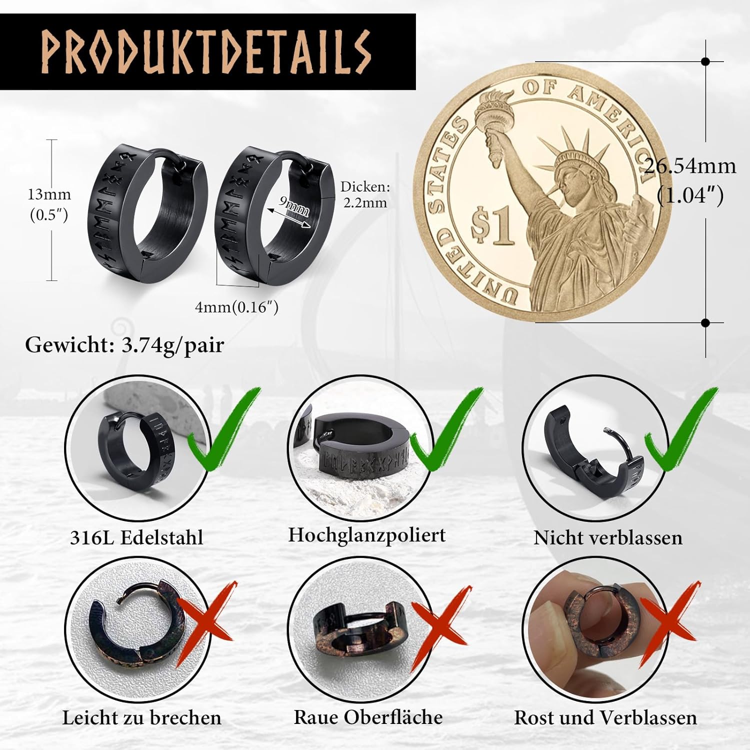 Thumbnail 4 de FLHEART Nordischer Wikinger Hoop Ohrring Herren - Amulett Schutz Schmuck Geschenke Edelstahl Herren Ohrstecker mit Nordic Elder Futhark Runen,Schwarz/Silber,1 Paar
FLHEART Nordischer Wikinger Hoop Ohrring H…