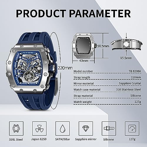 Detalle de TSAR BOMBA Mens Watch UK Luxury Automatic – Tonneau, Sapphire Glass, 50m Water Resistant, Miyota Movement